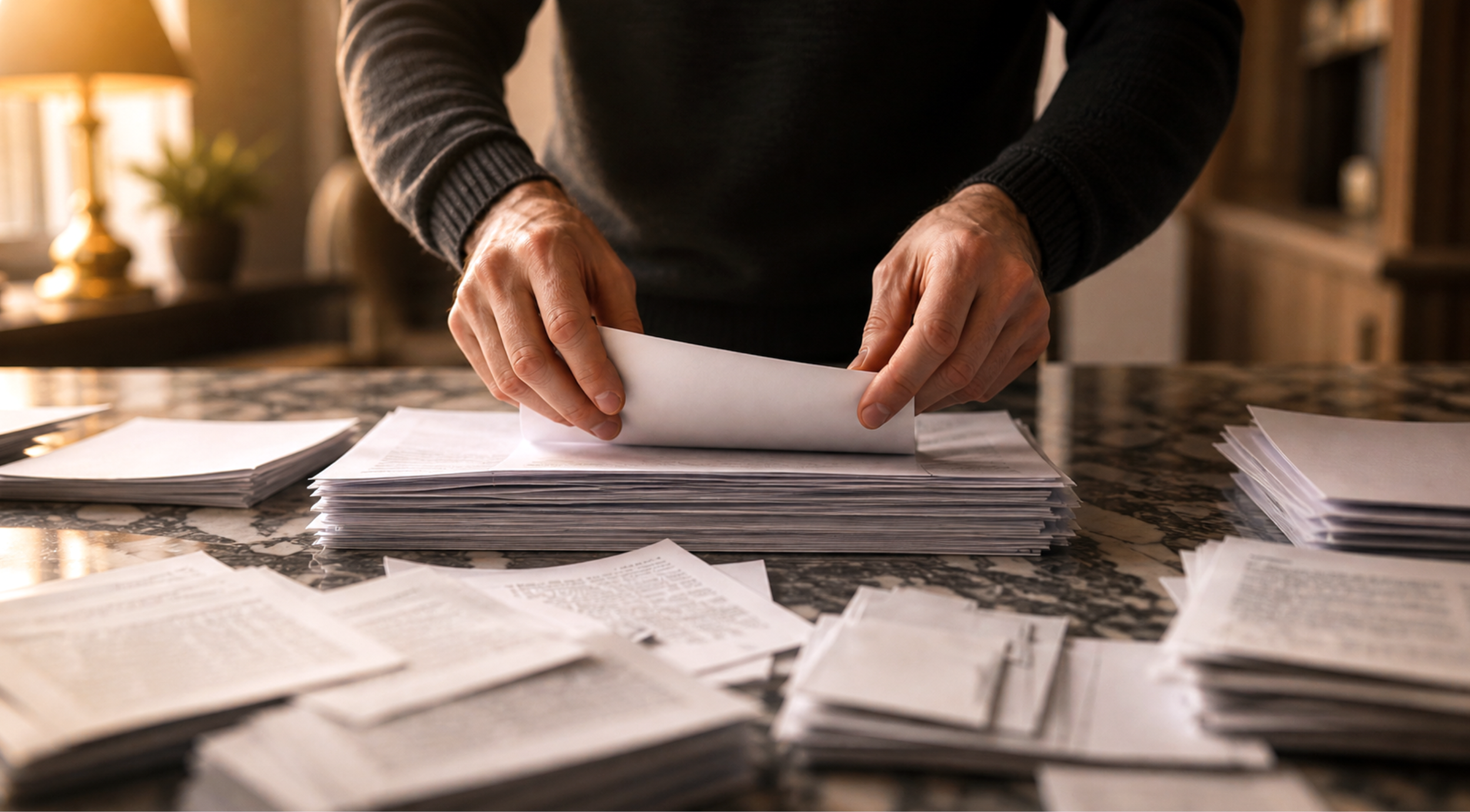 Person in a dark sweater organizing or reviewing a large stack of papers and documents on a marble table.