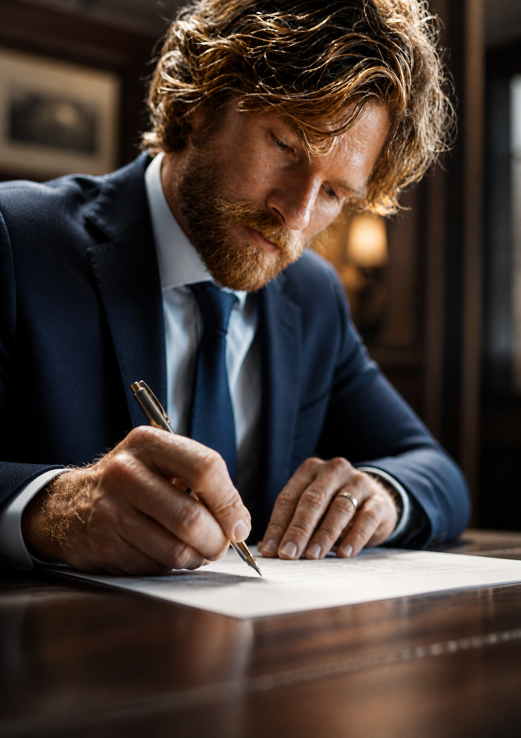 A man in a navy suit and tie with curly hair and a beard is sitting at a wooden desk, signing a document with a gold pen, in a warmly lit room.
