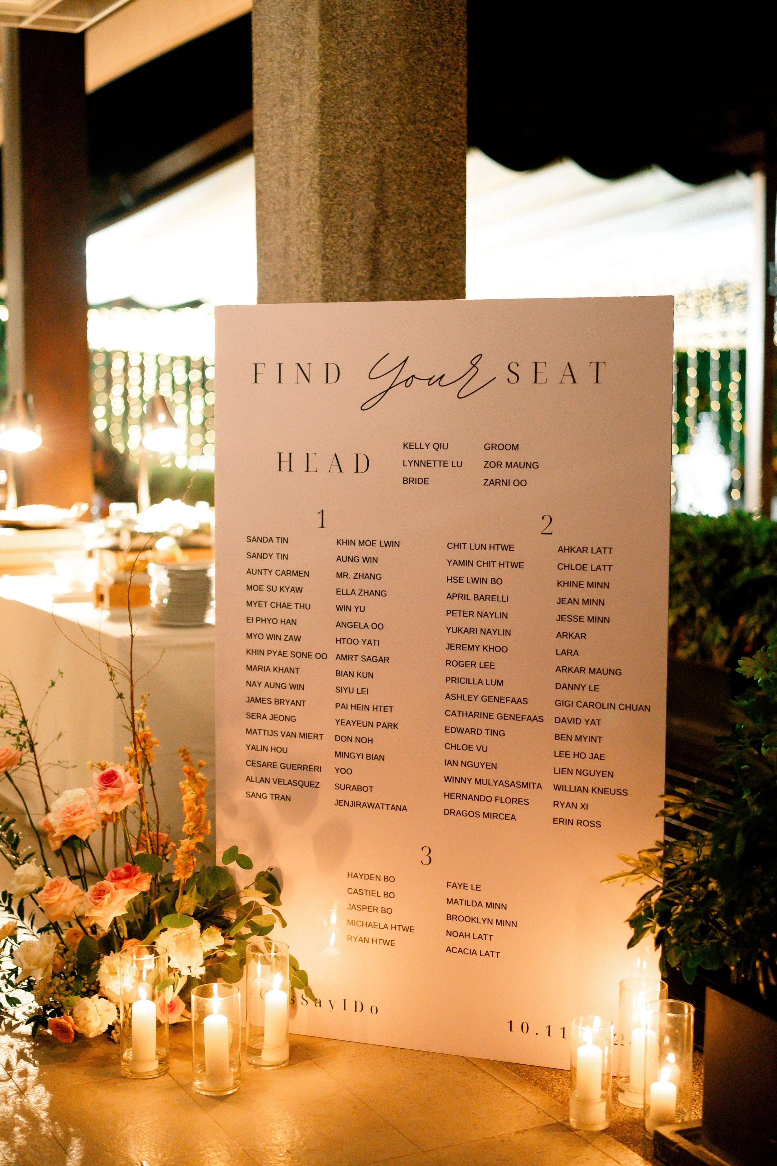 Wedding seating chart with floral arrangements and candles at the base, listing names of guests under numbered sections.
