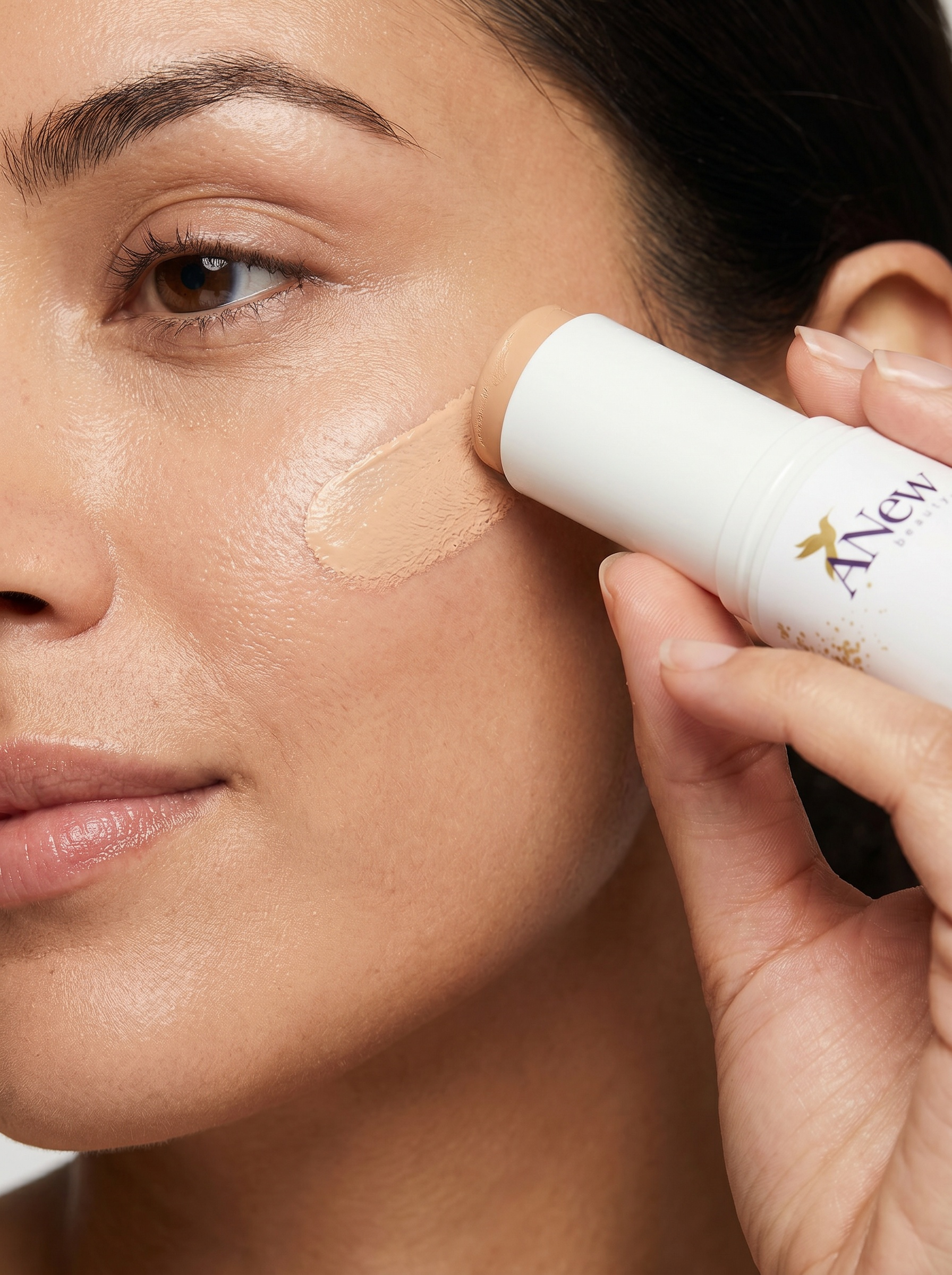 Close-up of a woman applying foundation to her cheek using a bottle of liquid makeup.