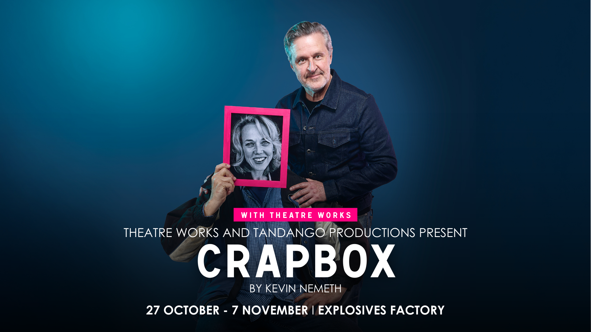 Poster for a theatre production of 'Crapbox' by Kevin Nemeth, presented by Theatre Works and Tandango Productions, running from October 27 to November 7 at Explosives Factory. The poster features a man with gray hair and a beard, wearing a dark denim jacket, standing next to a seated person whose face is covered by a black-and-white photograph of a woman with curly hair, framed in pink.
