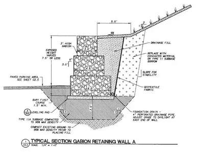 A technical engineering drawing of a gabion retaining wall, showing dimensions, materials like flowable fill, concrete, and gravel, and construction details including foundation and drainage.
