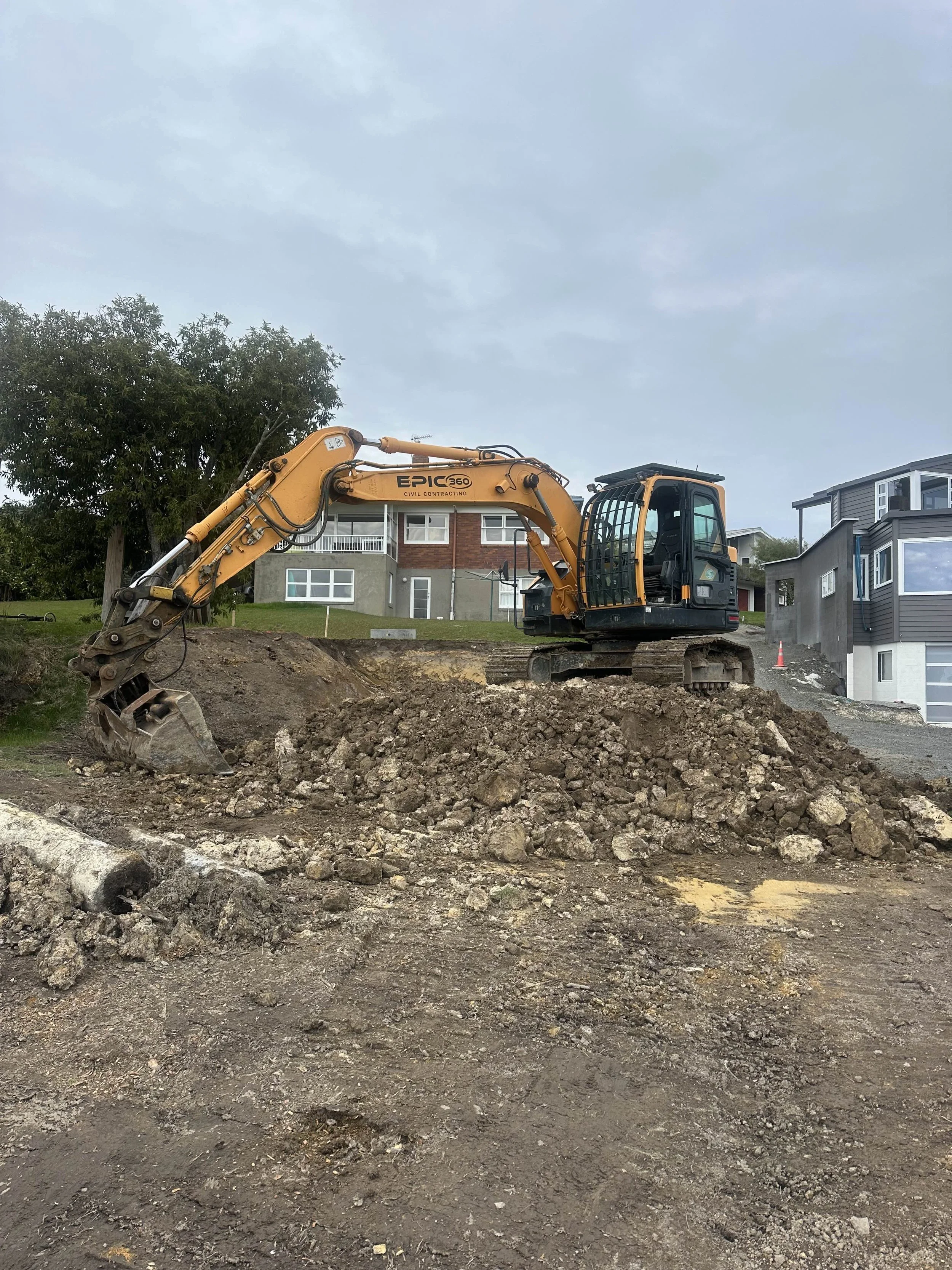 Construction excavator working on a dirt site with houses in the background.