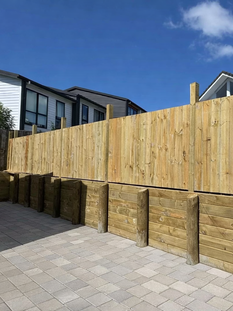 Timber retaining wall with fence attached above and paving stones to make surface area weather resistant