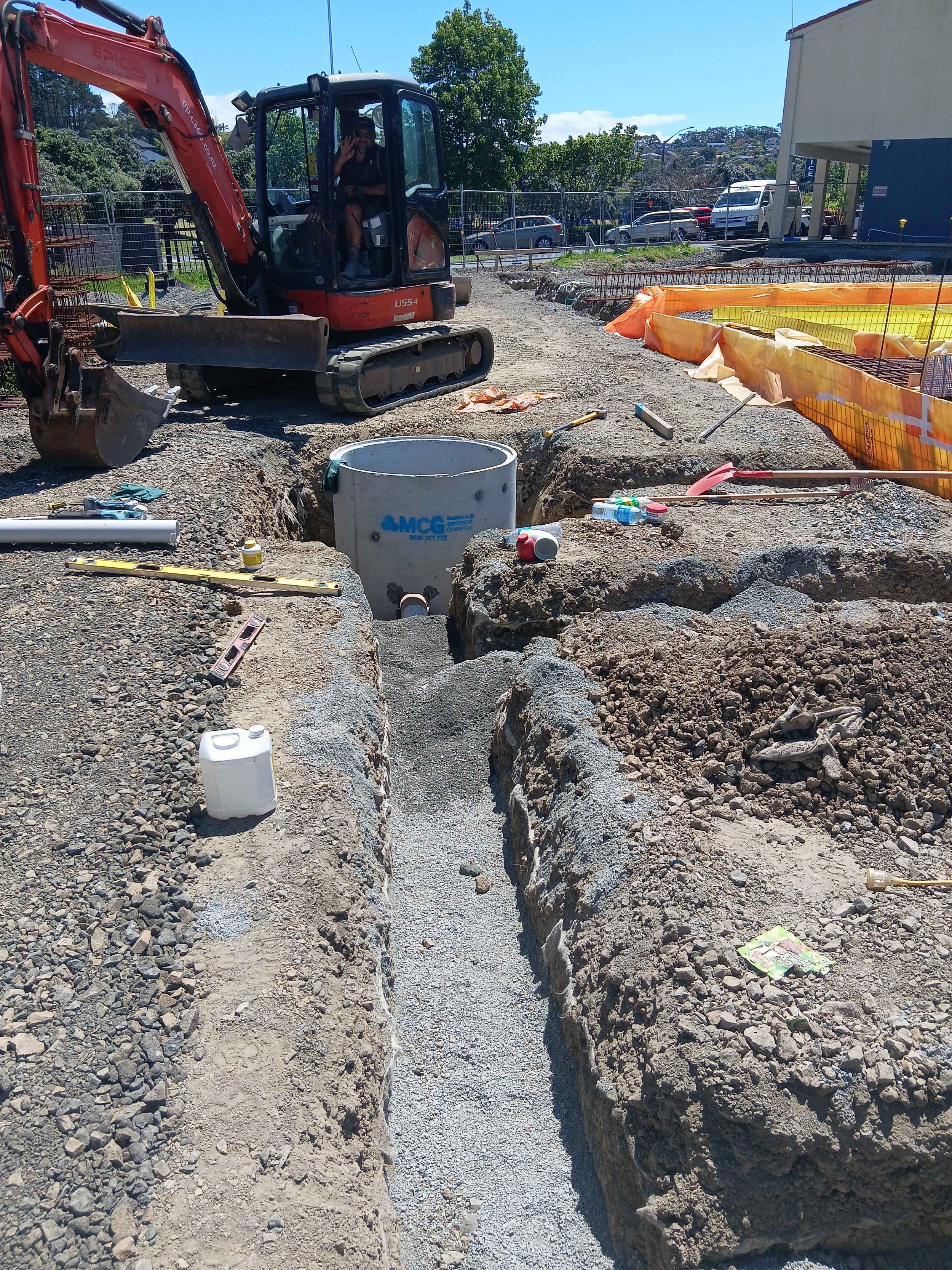Commercial drainage system being installed,  Manhole?/ Inspection system being installed.