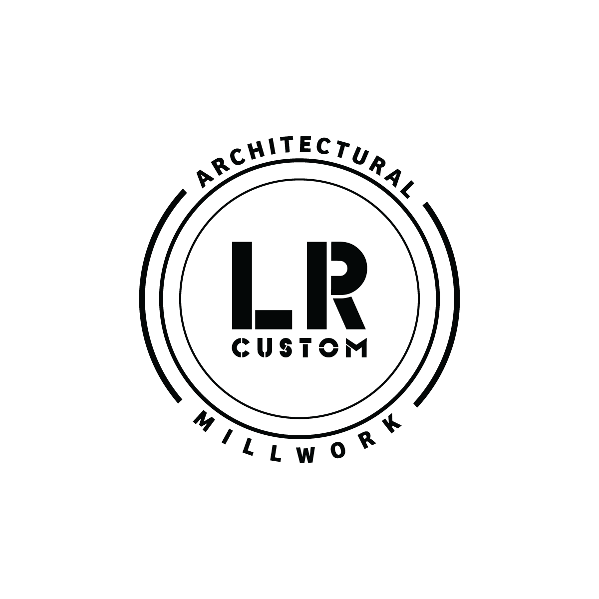 Logo with the text 'LR Custom Architectural Millwork' in a circular design.