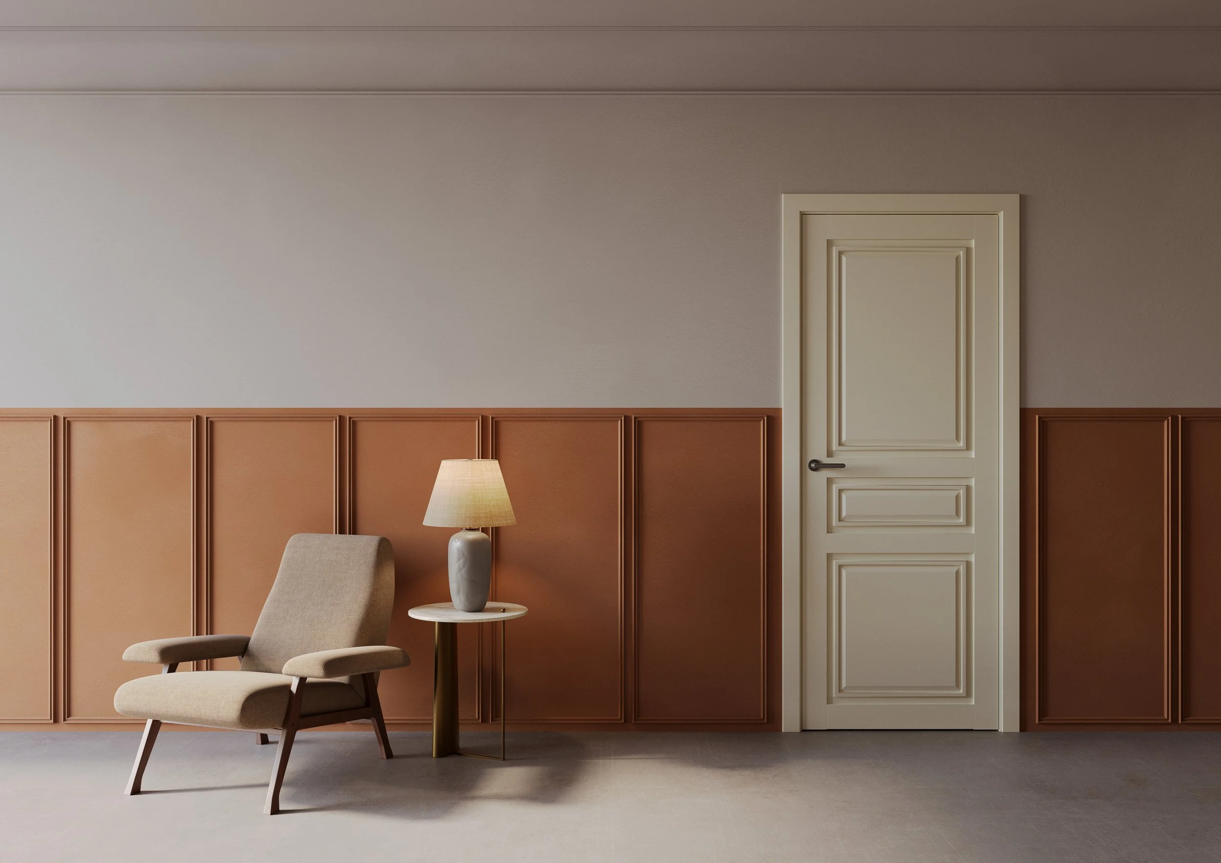 A beige and brown living room with a beige armchair, a side table with a ceramic vase, a table lamp, and a closed white paneled door on the wall.