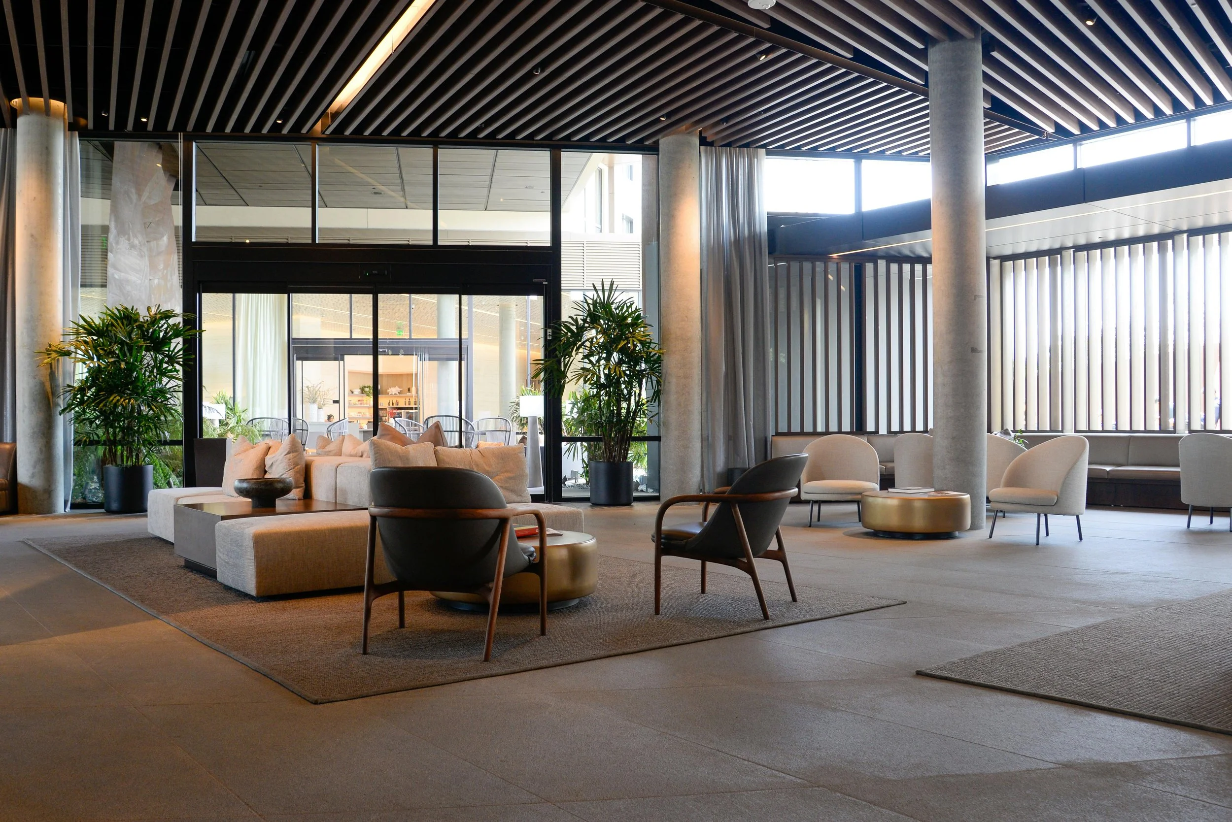 Modern hotel lobby or lounge area with contemporary furniture, potted plants, large windows, and a high ceiling with wooden slats.