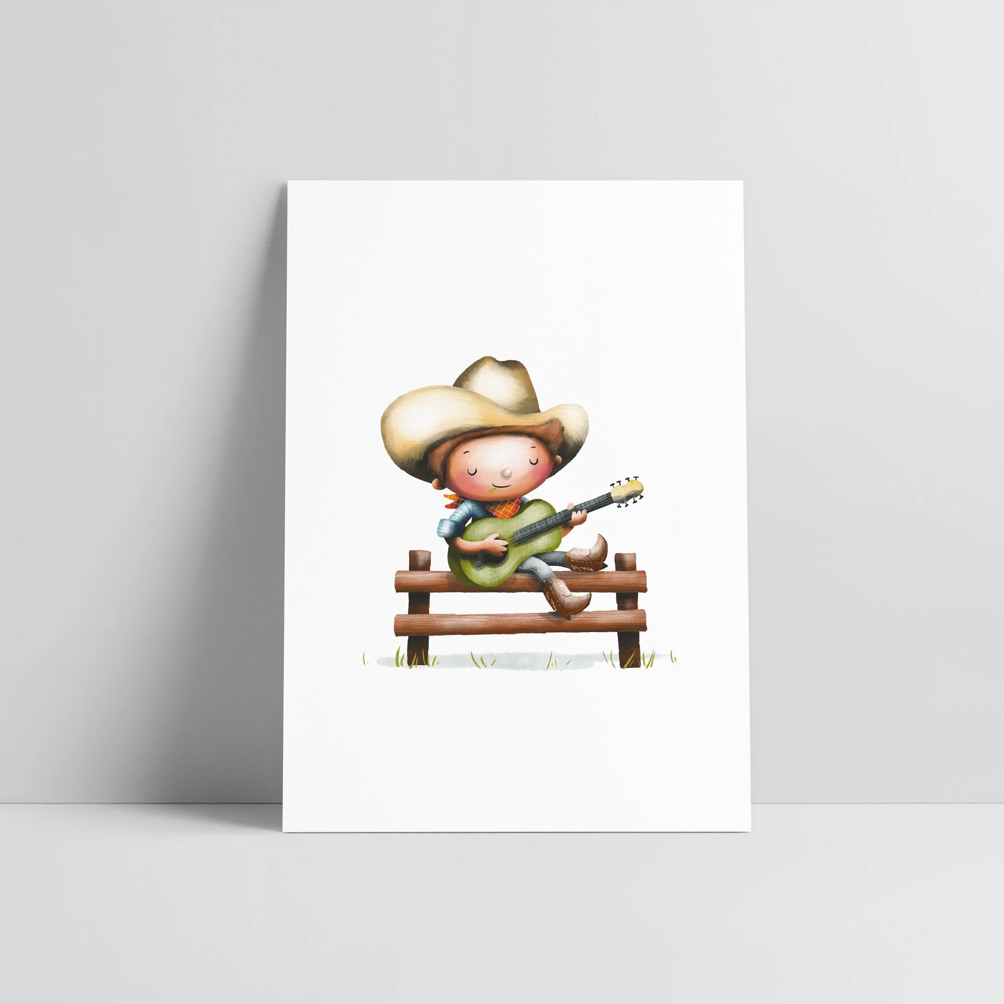 A fine art giclee print featuring an illustration of a young boy with a large straw hat, sitting on a wooden bench with a guitar, on a light gray background.