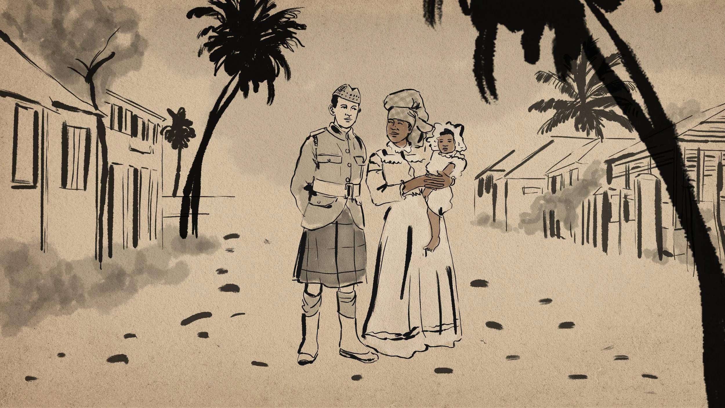 A historical illustration of a man in military uniform, a woman in traditional dress holding a child, walking on a street lined with palm trees and simple buildings, with smoke in the background.