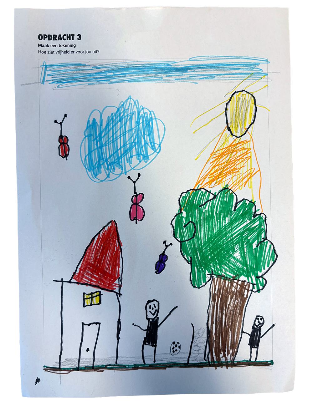 Child's colorful drawing of a house with a red roof, large green tree, children playing outside, clouds, a sun, and flying insects.