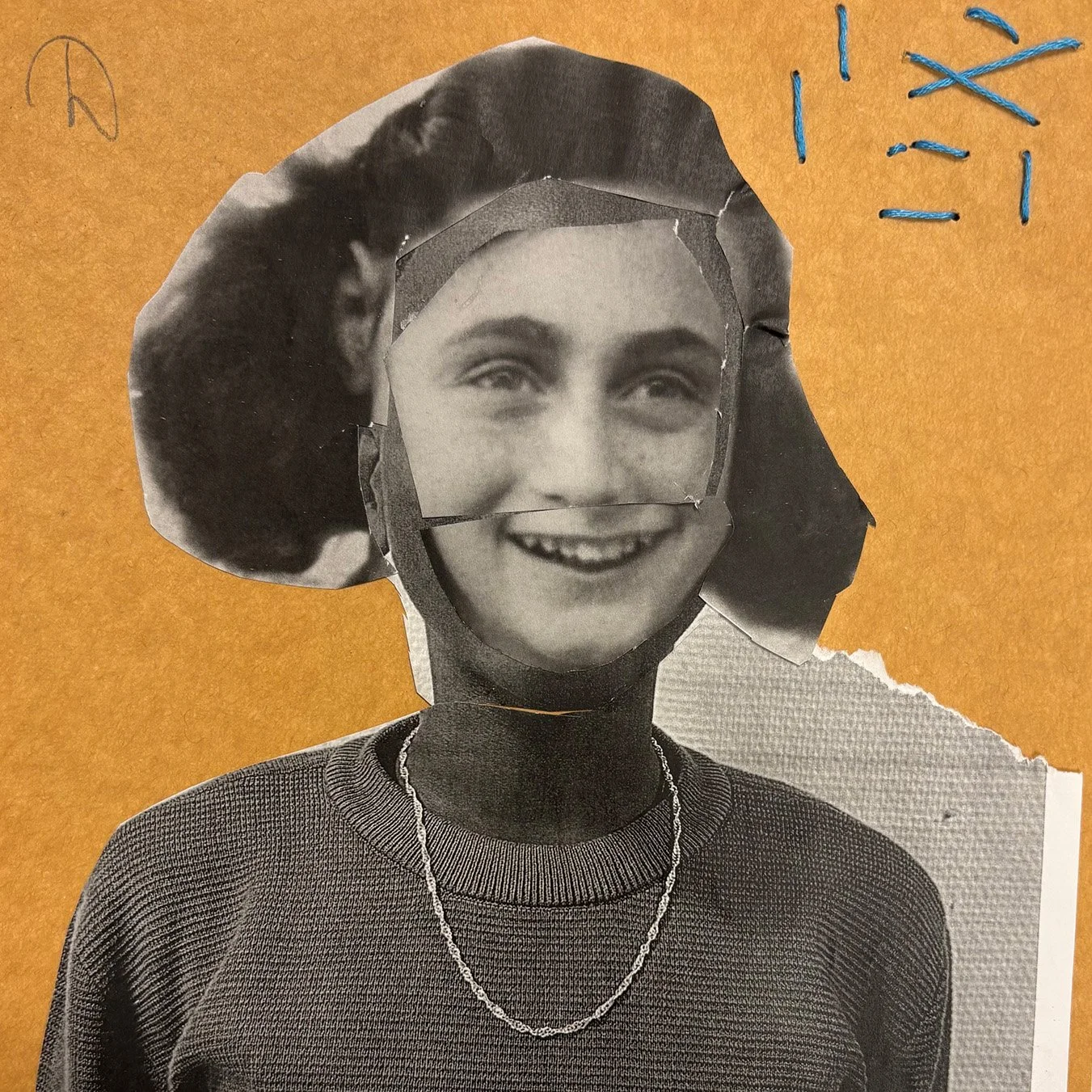 Black and white collage photo of a smiling woman - Anne Frank - with a zigzag necklace, layered with cut photos of her face on a brown background, and blue stitches in the top right corner.