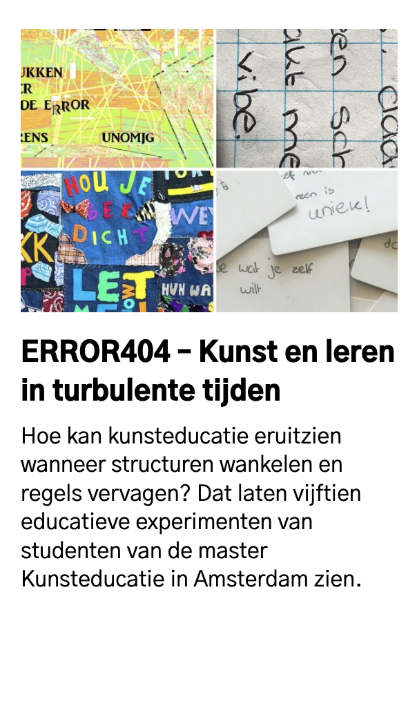 Collage of four images: top left shows a colorful map with markings; top right displays handwritten notes on grid paper; bottom left features a vibrant collage of fabric letters spelling words; bottom right has white cards with handwritten text in Dutch.