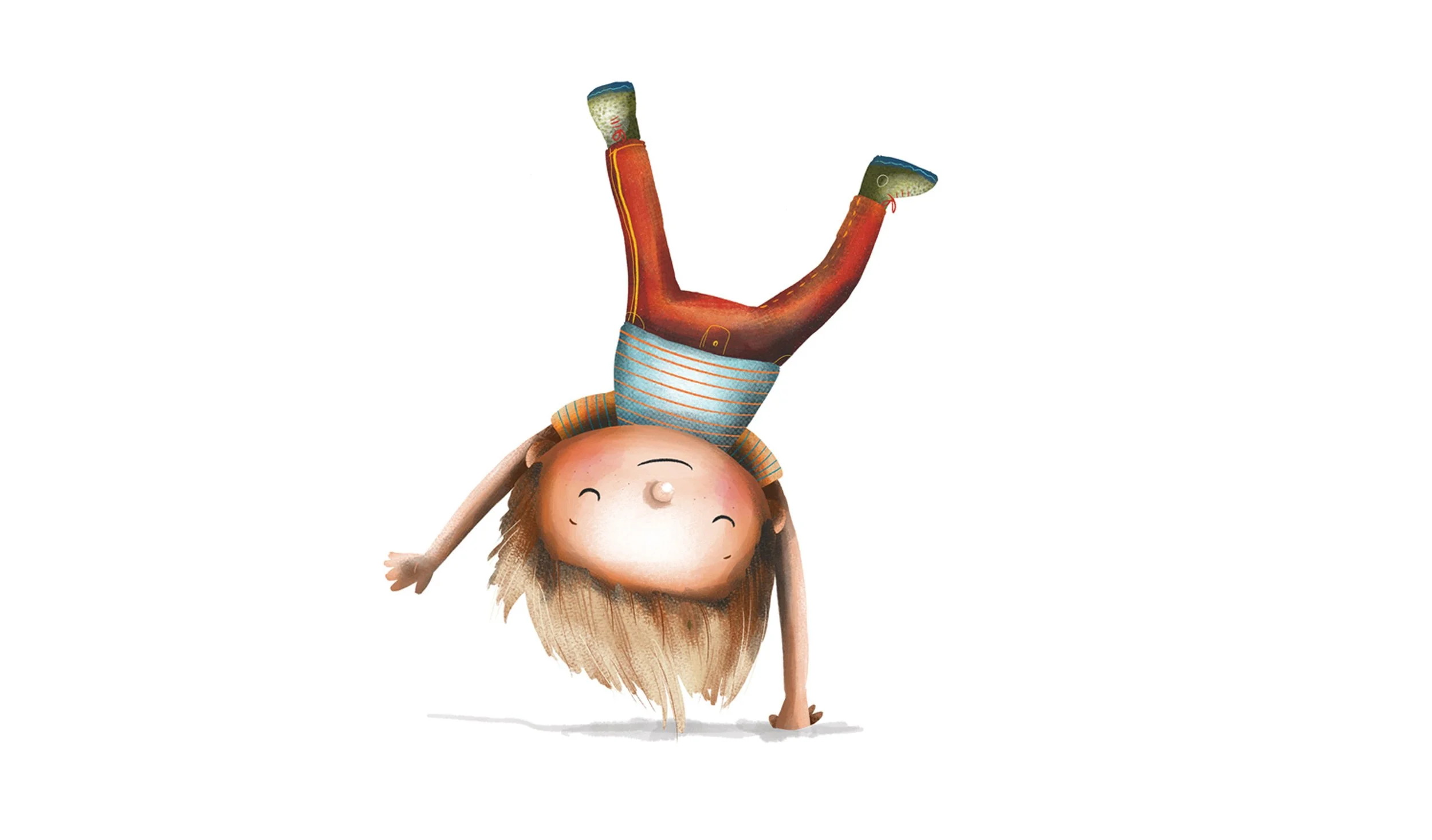 Digital illustration of a boy with brown hair doing a handstand with her legs up in the air, smiling with her eyes closed, wearing a striped shirt and shorts.