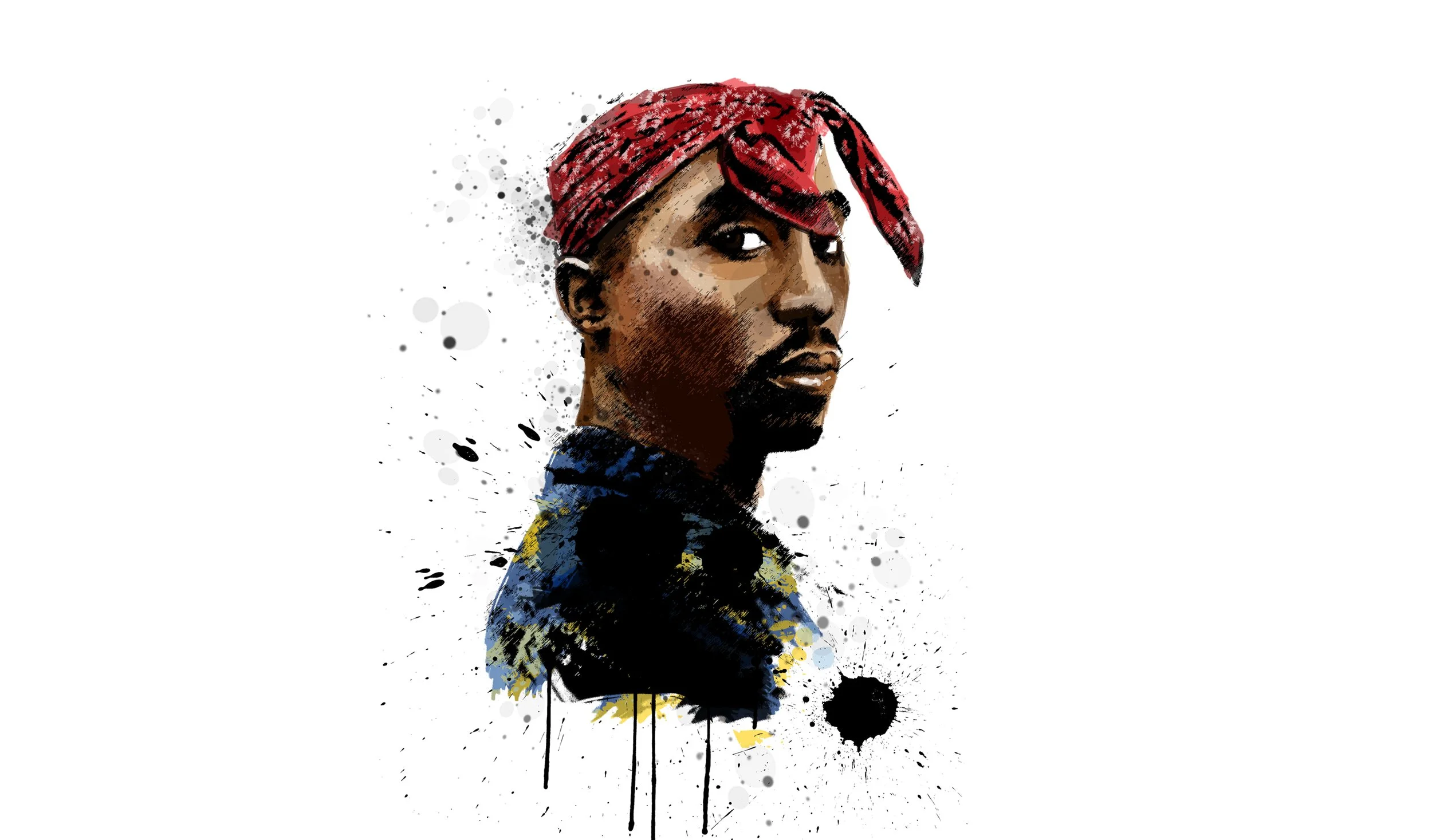 Digital artwork of Tupac Shakur wearing a red bandana, dark clothing, with black and yellow accents, with an abstract, splattered paint style.