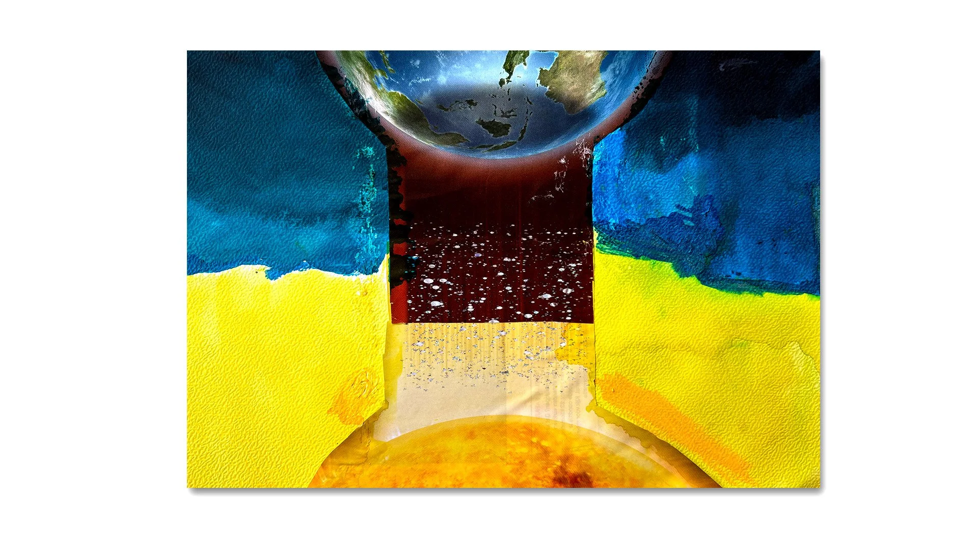 A colorful abstract artwork featuring a large depiction of Earth at the top, with vibrant blue, green, and brown shades. Below Earth is a vertical dark red strip with white speckles, flanked by yellow textured areas on both sides, and a circular warm-toned area at the bottom.