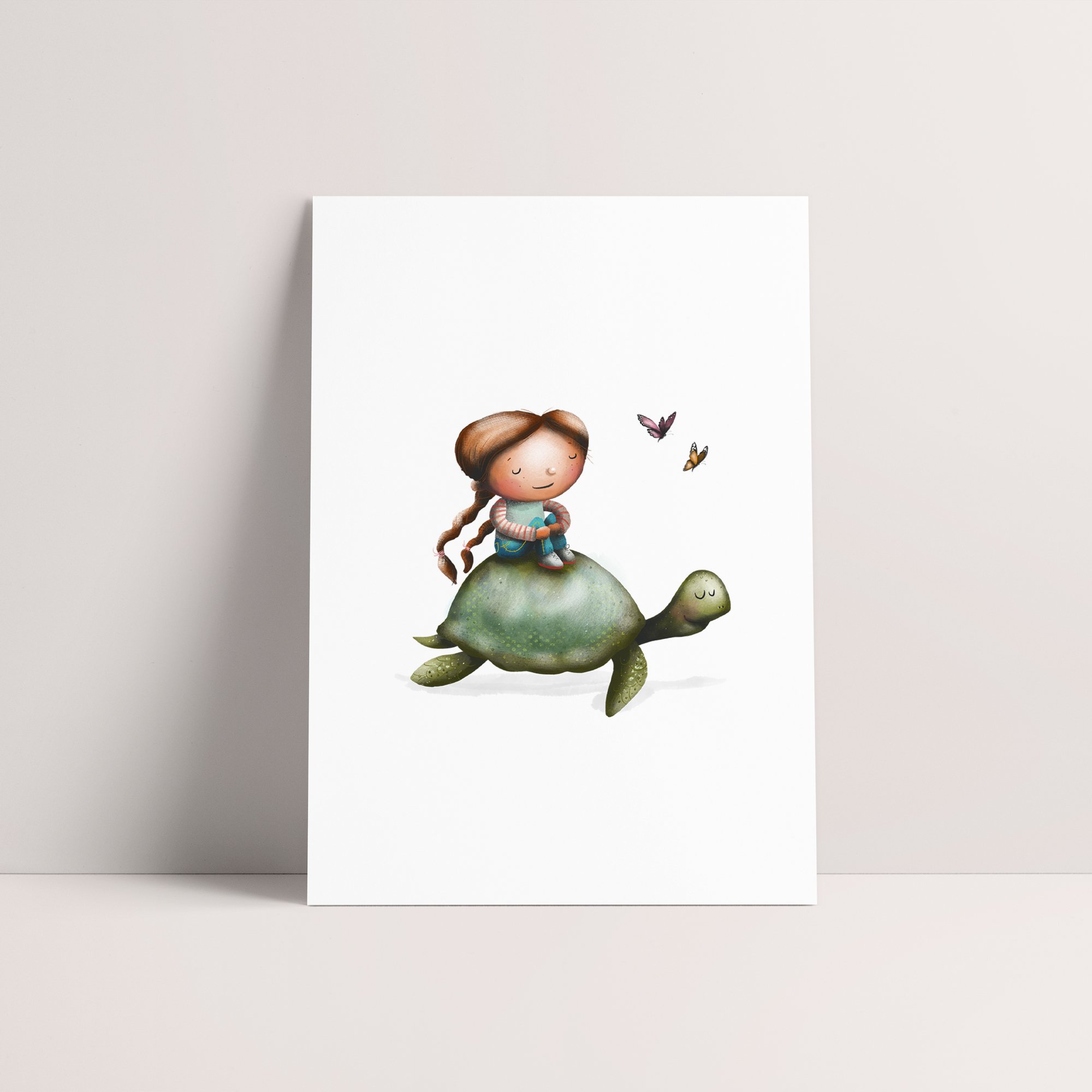 A fine art giclee print with a cartoon girl with brown hair and a striped shirt sitting on a turtle, with butterflies around her.