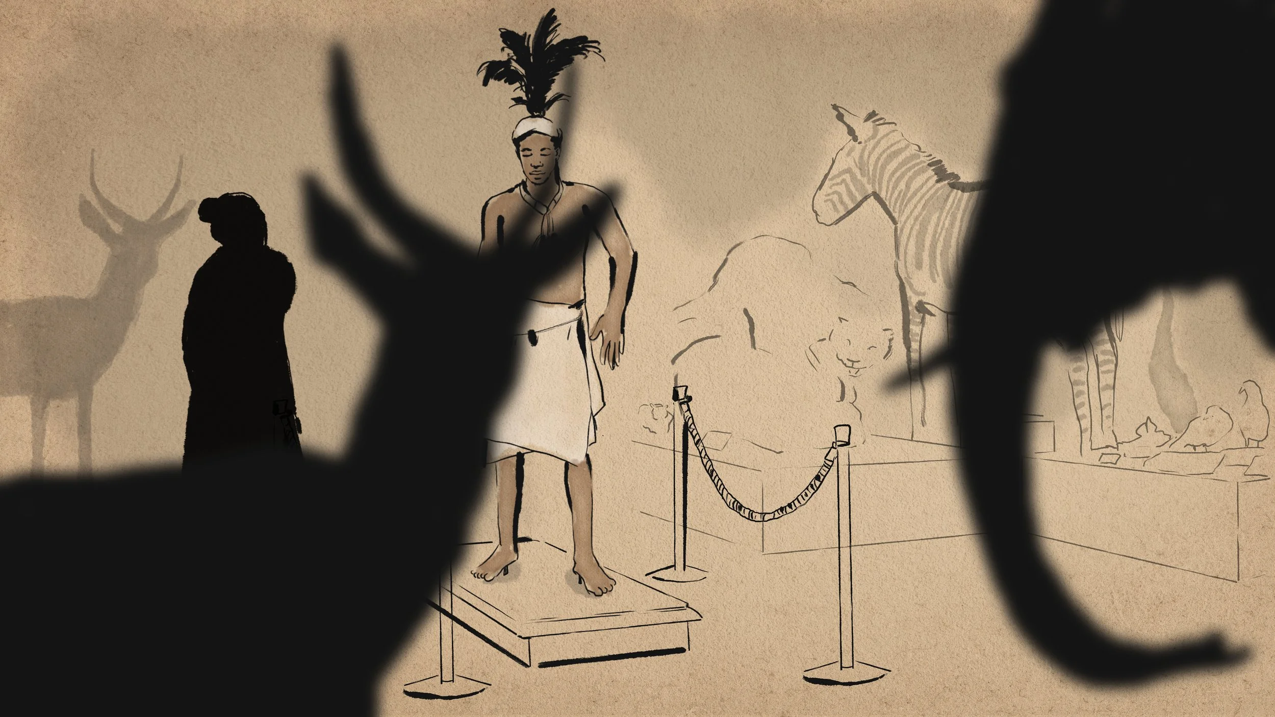 A line drawing and watercolor of a scene at a museum exhibit featuring a statue of Angelo Soliman with a feathered headdress, barefoot, standing on a pedestal. The scene is viewed through a black silhouette foreground with blurred shapes.