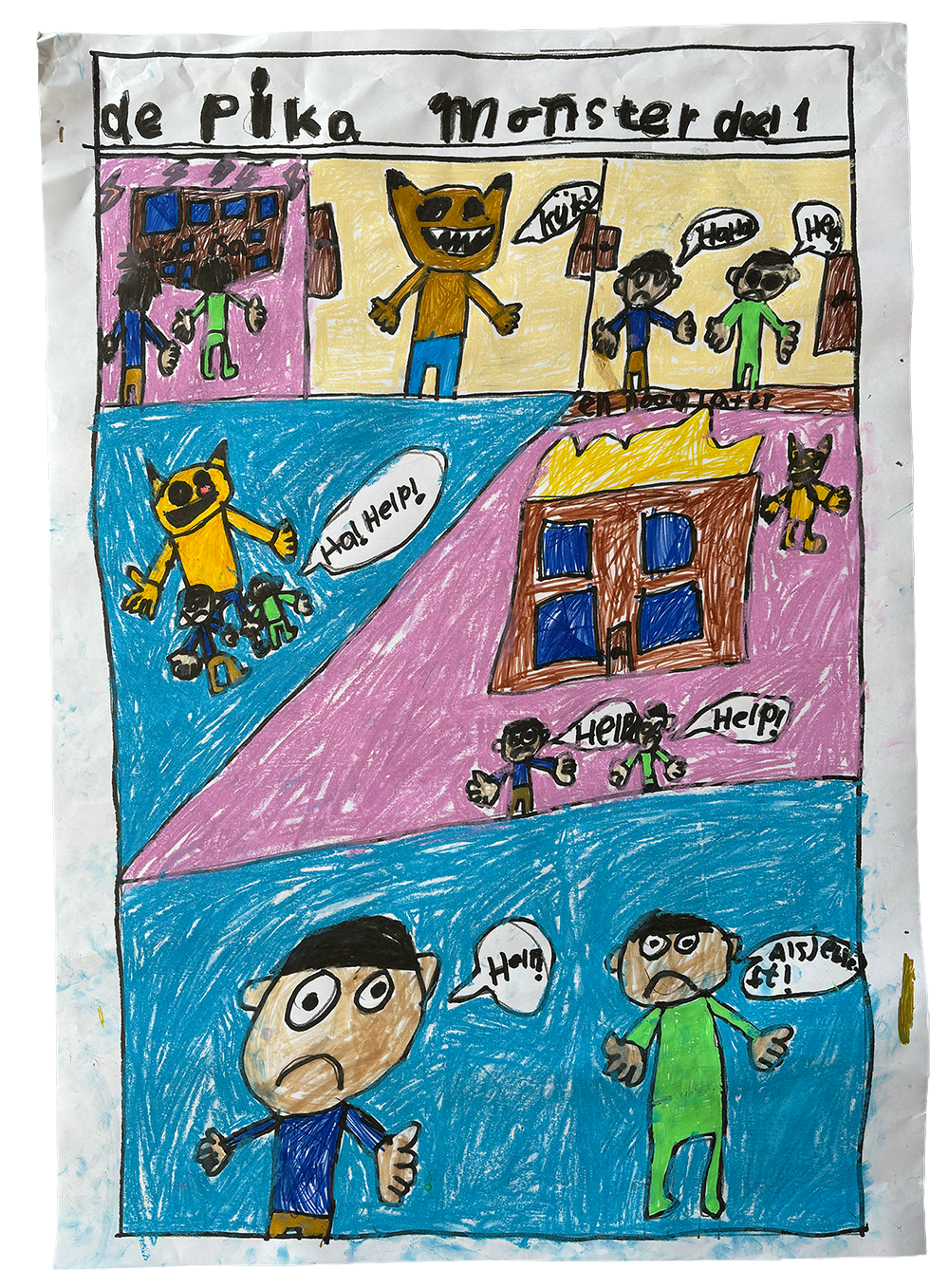 Child's drawing titled "De Pika Monster 1," depicting a colorful scene with various characters, a house, and dialogue boxes with words like "Help" and "Huh?". The drawing features a large yellow monster with a big smile and smaller figures saying "Help" or "Huh?". The characters are shown in different settings with vibrant backgrounds of pink, blue, yellow, and purple.