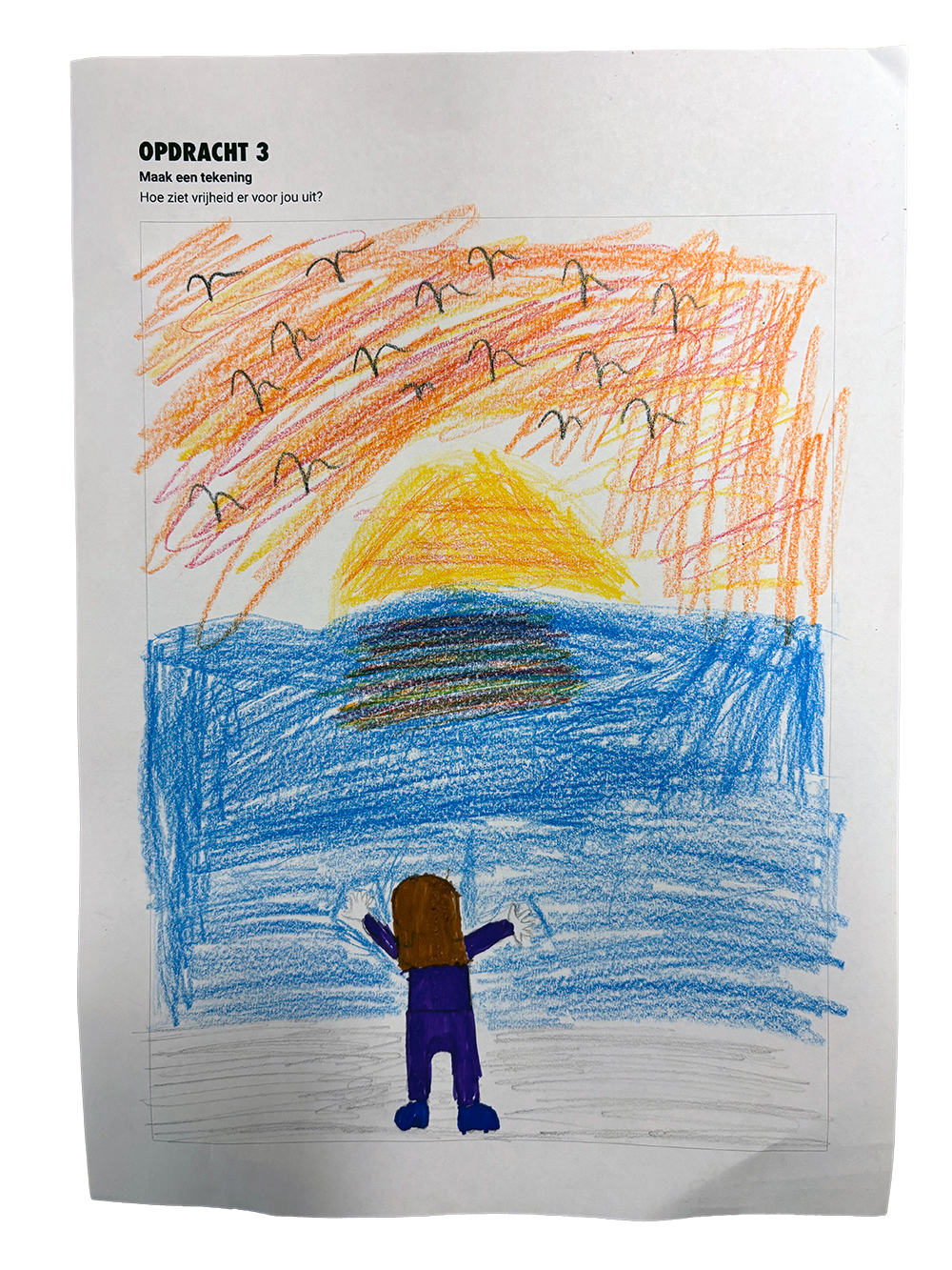 Child's colorful drawing of a sunset over the ocean, with a person standing on the shore, reaching out towards the sunset, surrounded by birds flying in the sky.