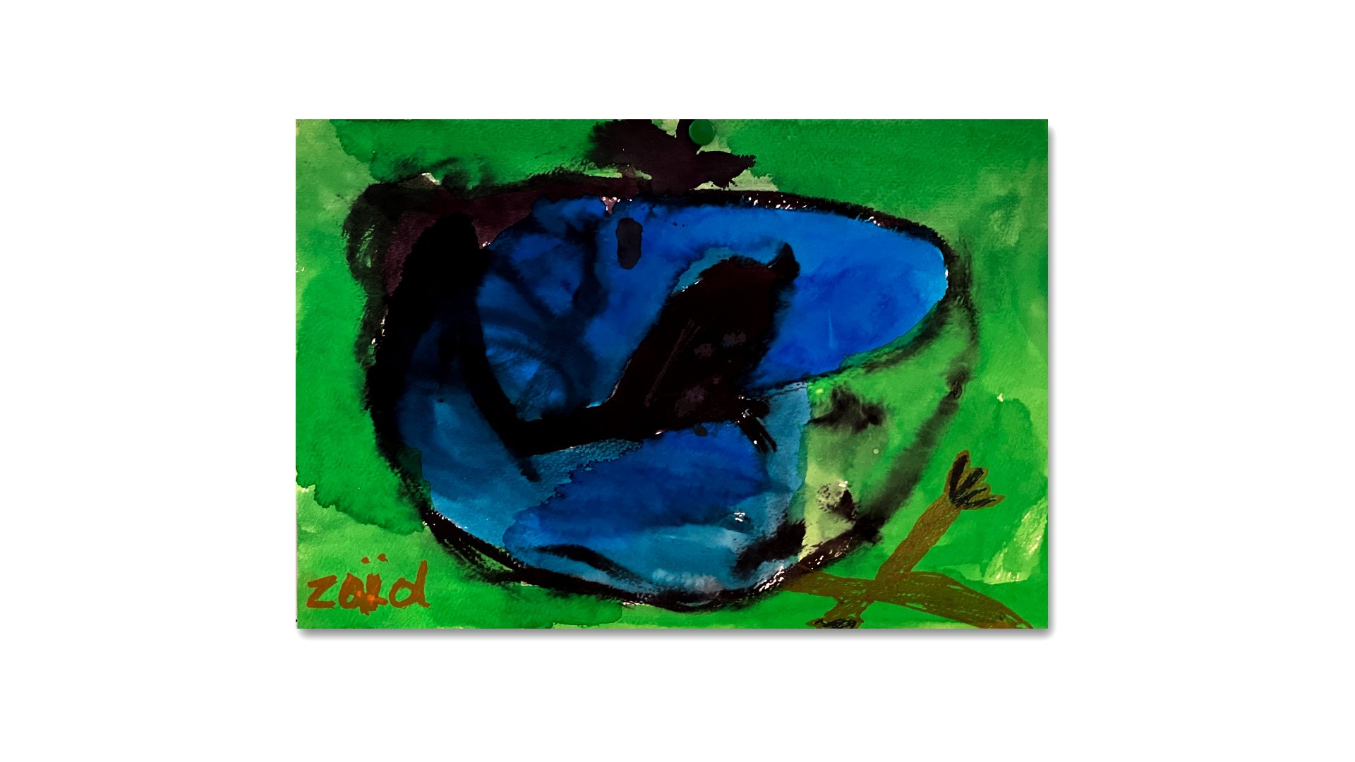 Child's watercolor painting of a blue bird with dark black accents on a green background, signed in red at the bottom left corner.