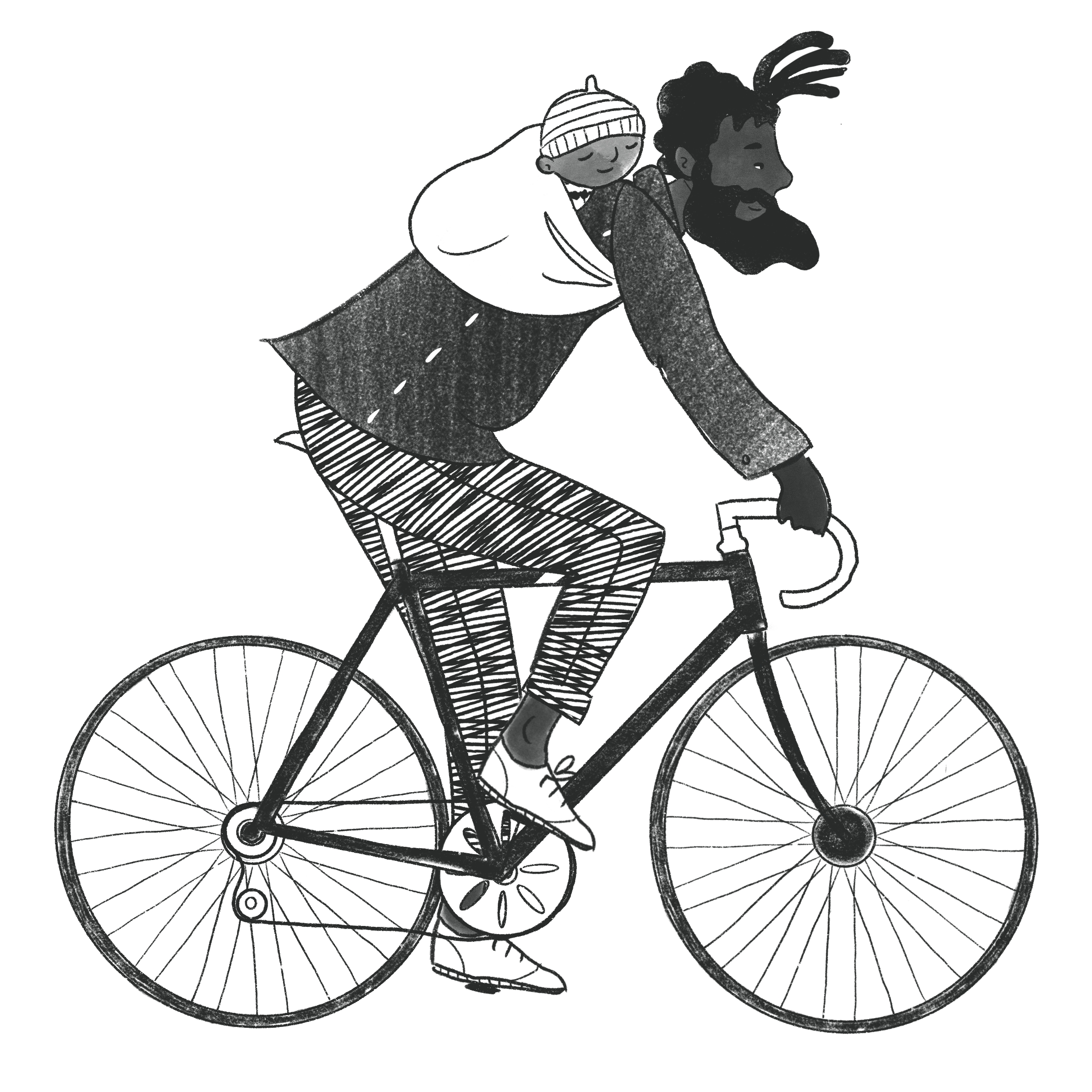 A black and white illustration of a person with dreadlocks riding a bicycle, carrying a child on their back. The person is wearing a jacket and plaid pants, and the child has a beanie hat and is holding a blanket.