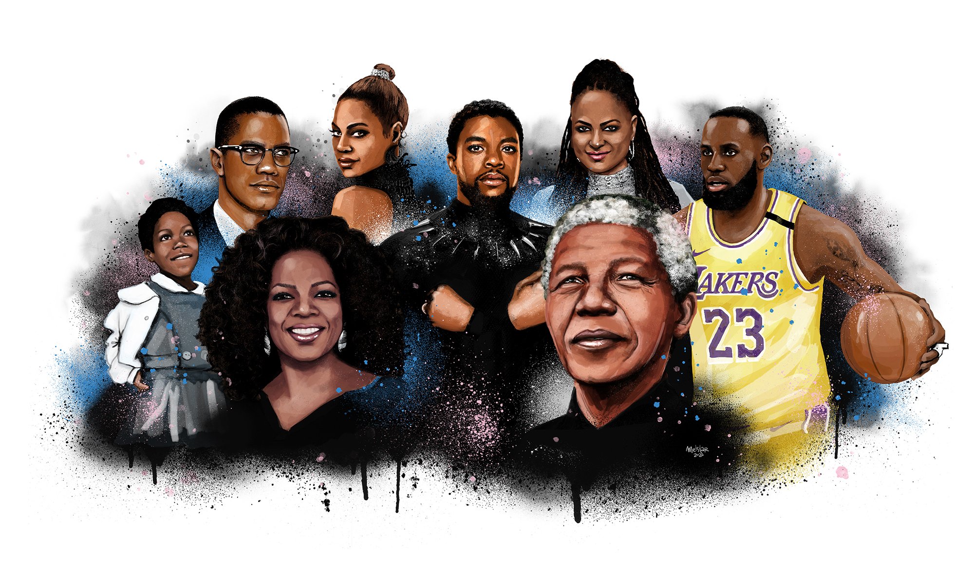 Digital artwork of famous Black individuals including Nelson Mandela, Oprah Winfrey, and Kobe Bryant, among others, in a digital art style with splashes of color.