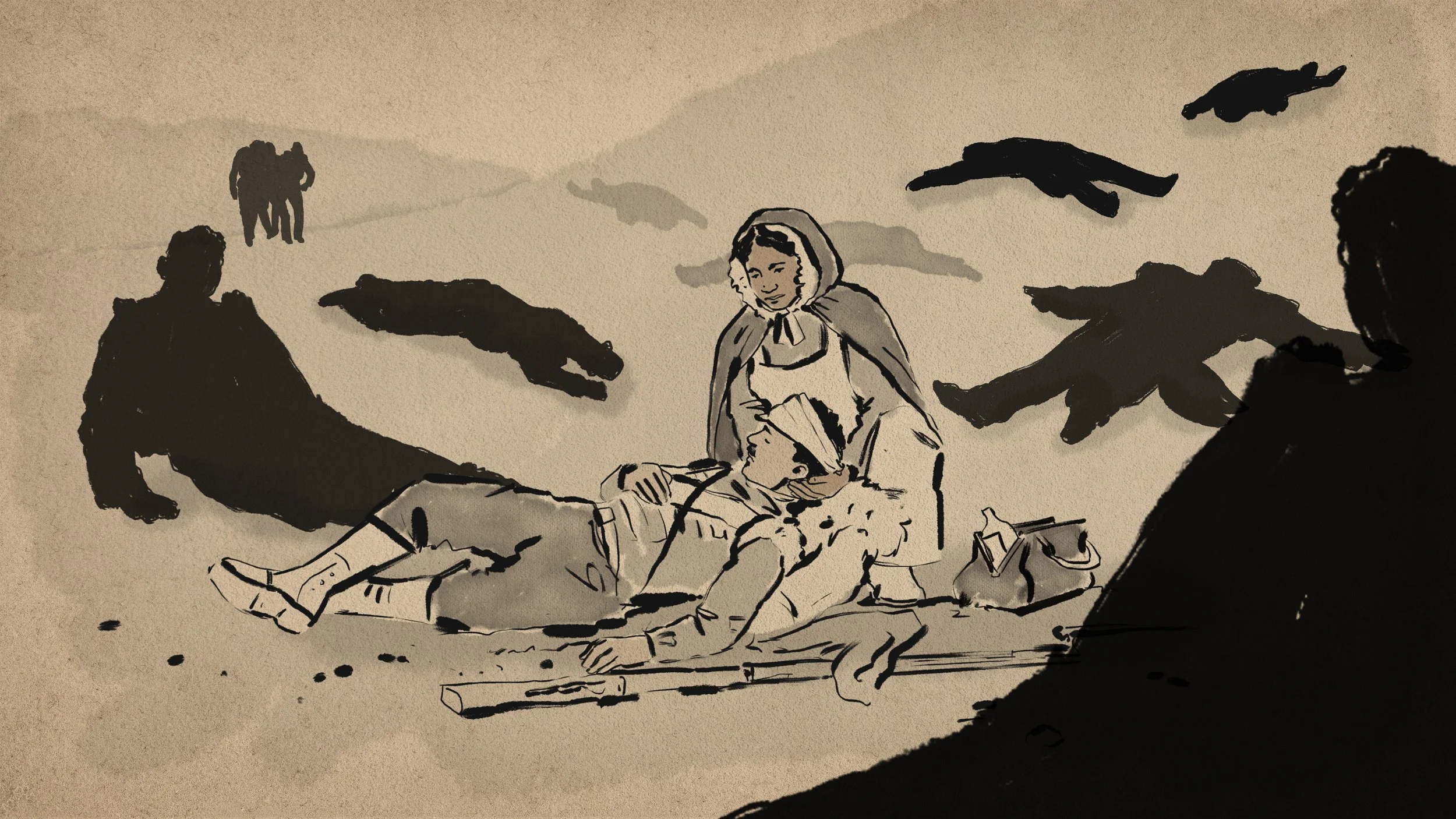 A line drawing and watercolor of a person lying on the ground with Mary Seacole tending to them, surrounded by shadowy figures and flying dark shapes.