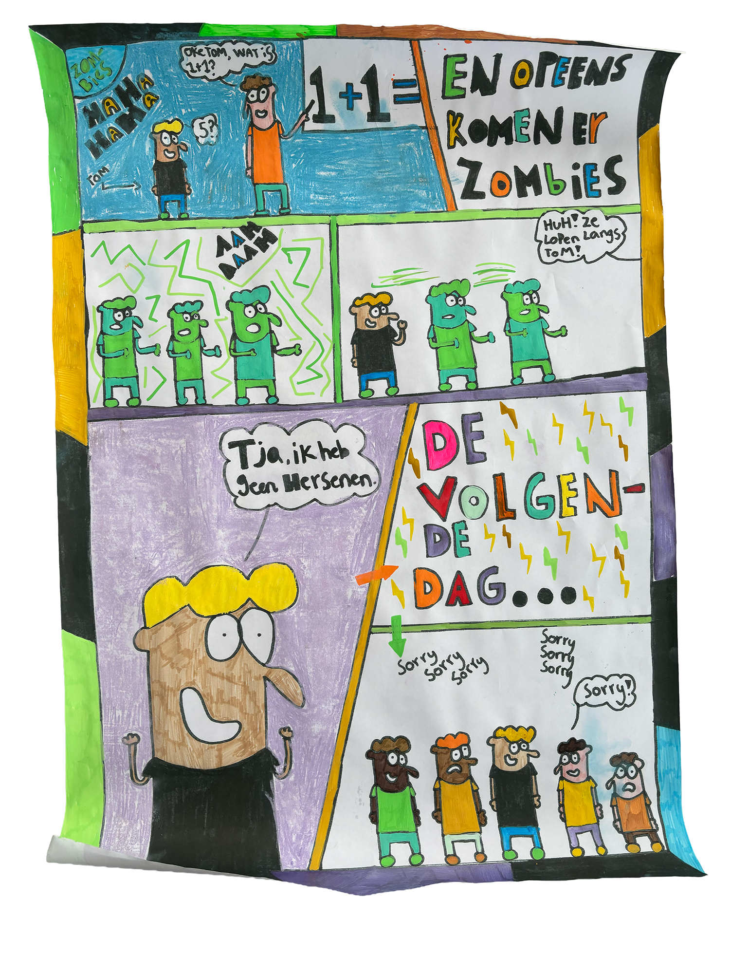 Colorful comic-style illustration with scenes of children and a teacher, including math jokes, and text in Dutch about zombies, the day, and apologies.
