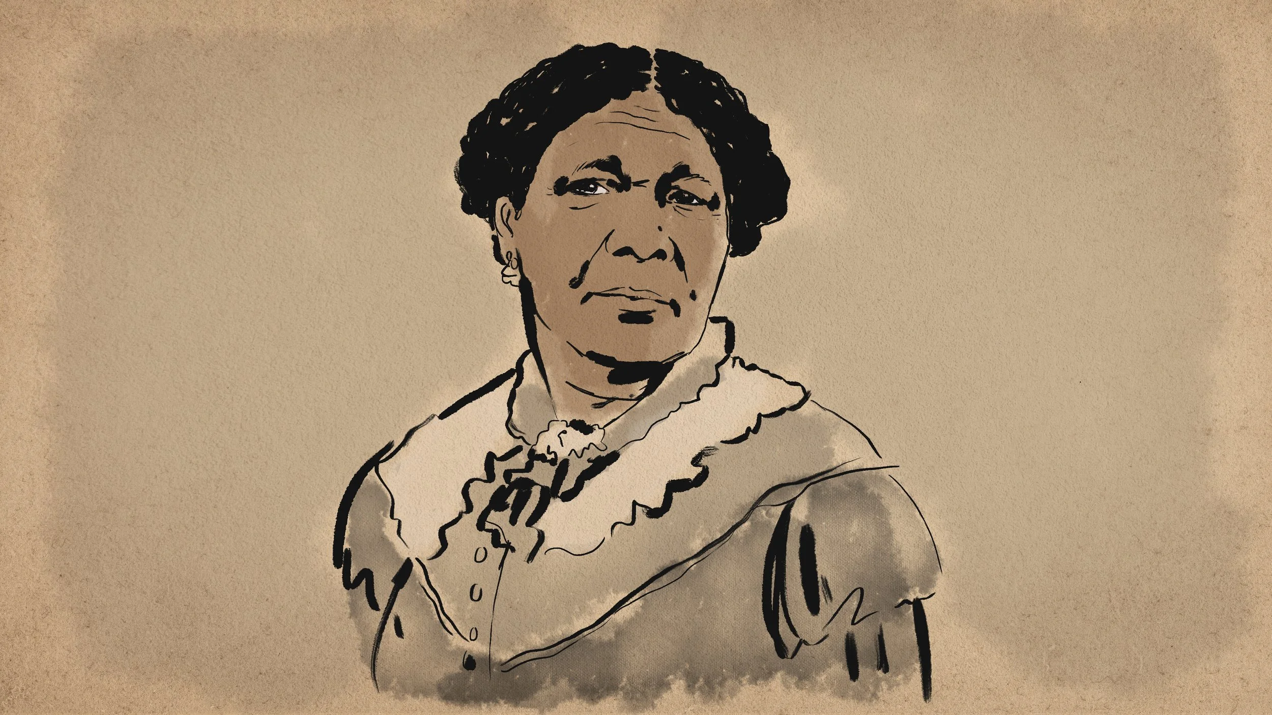 A line drawing and watercolor portrait of Mary Seacole, wearing a shirt with ruffled details.