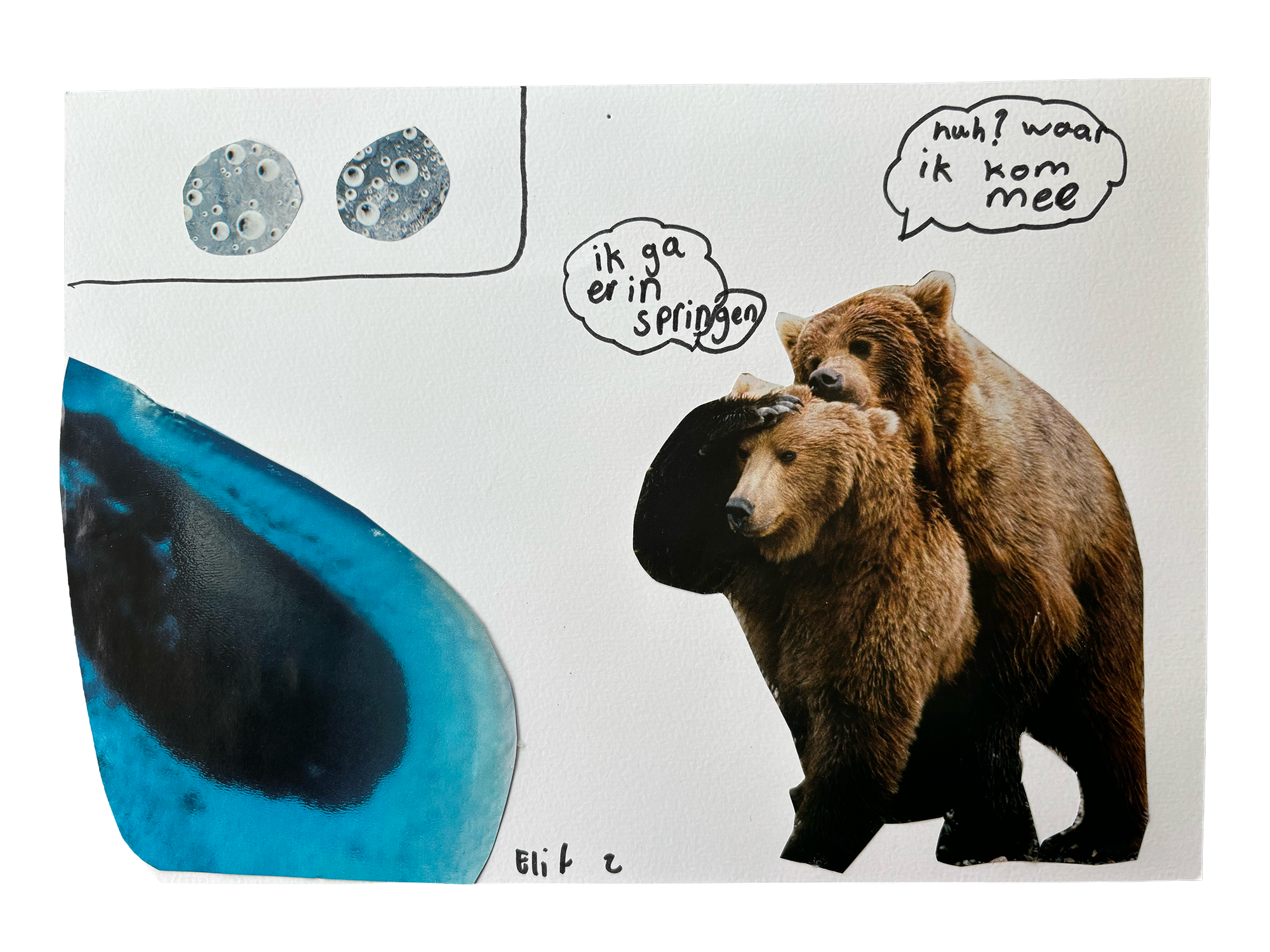 A collage featuring two circular patterned images at the top left, a photo of two bears in the bottom right, and parts of a blue shape on the bottom left. Handwritten text in speech bubbles says "ik ga erin springen" and "huh? waar ik kom mee".