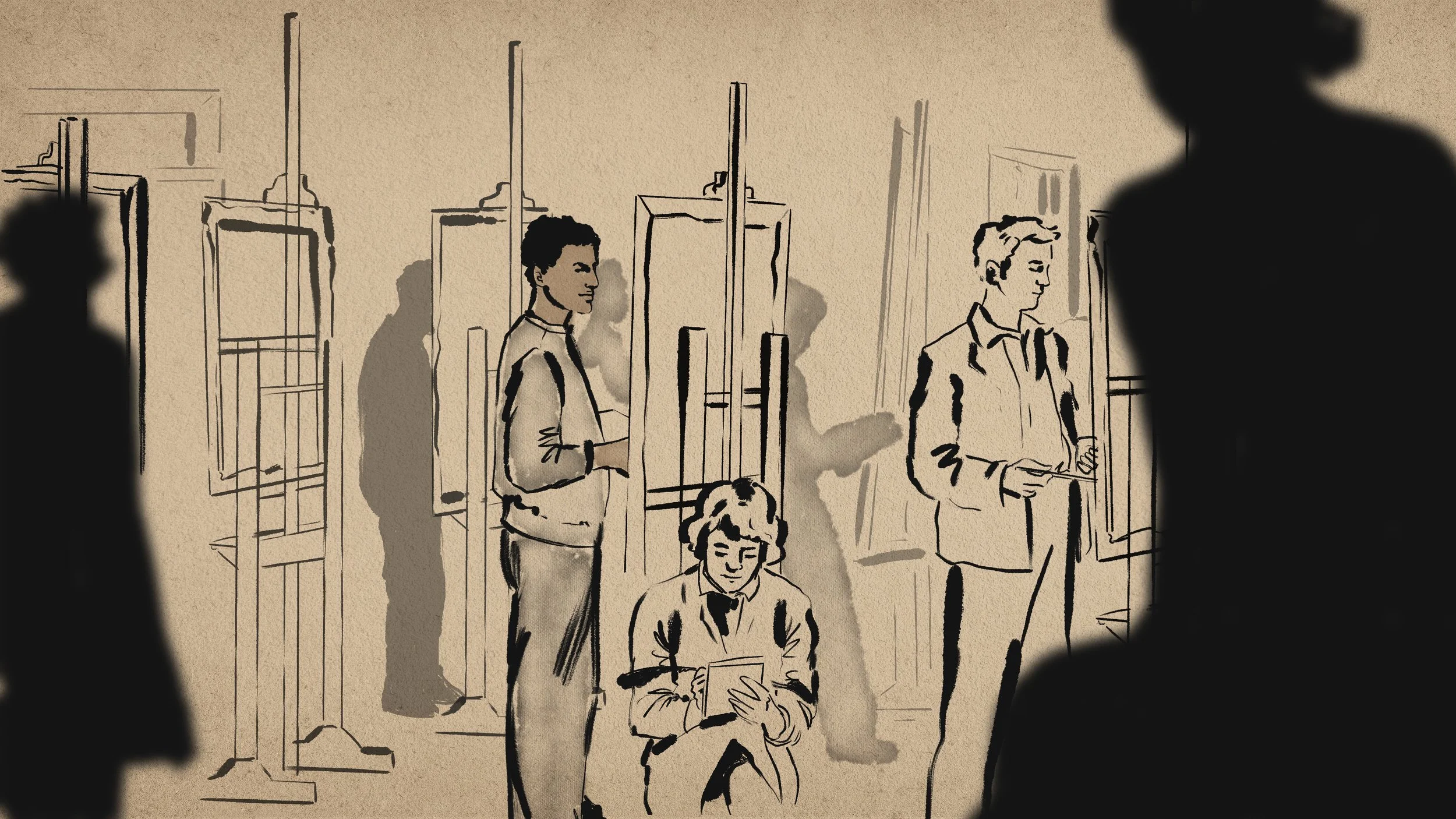A line drawing and watercolor of Jozef Nassy and other people standing and sitting in a room with dividers, some reading and others standing, with shadows of two individuals blurred in the foreground.