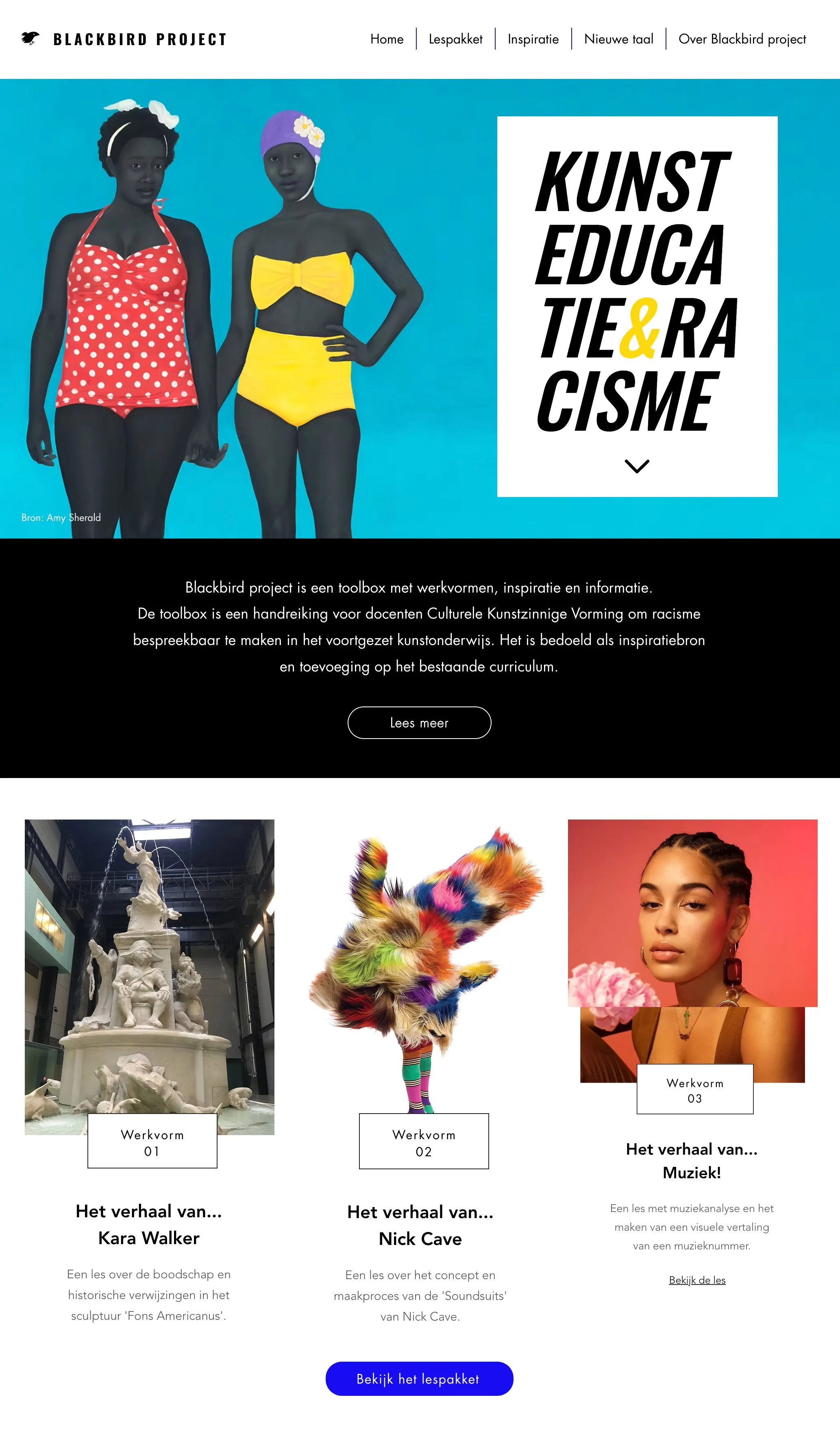 Website homepage for Blackbird Project featuring models in colorful outfits and sculptures, with menu options.