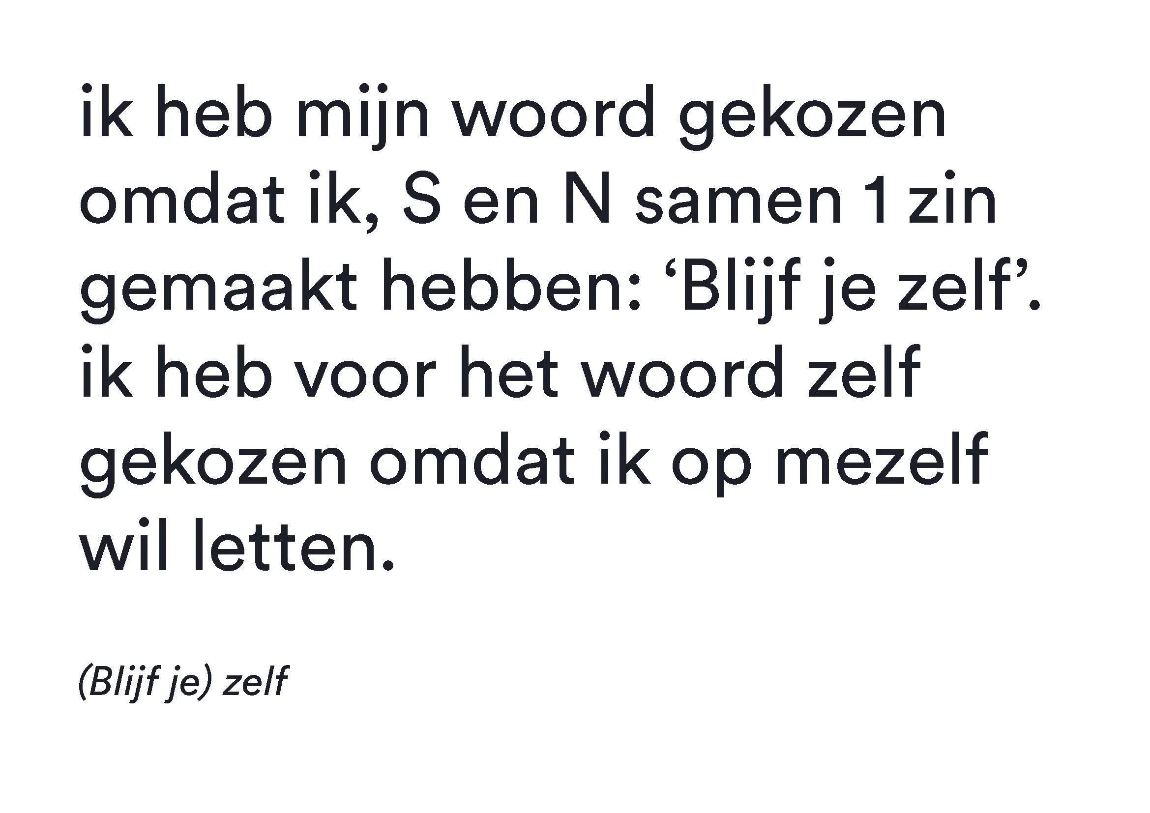 Dutch text about choosing a word that represents oneself, encouraging self-acceptance.