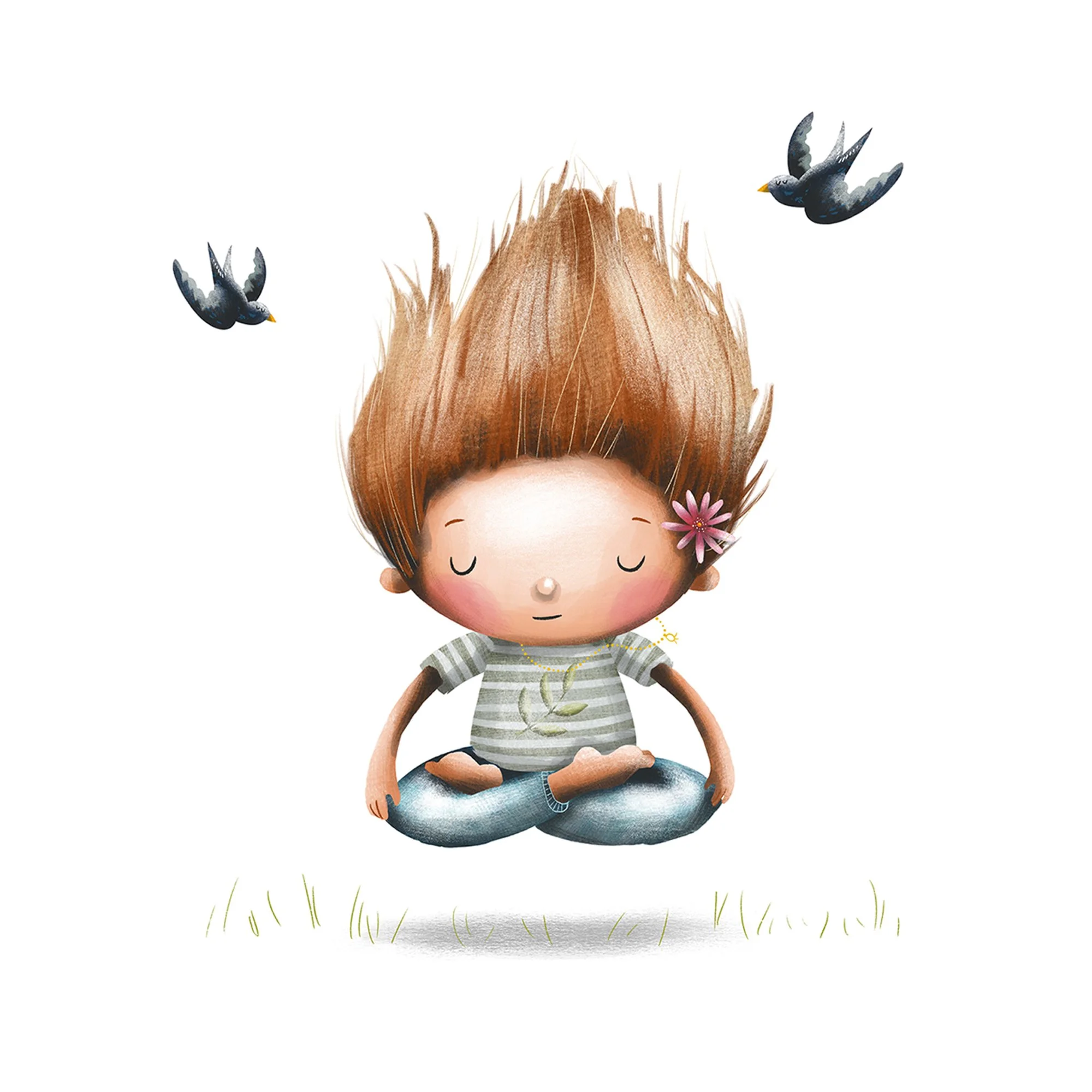 Illustration of a girl with brown hair, a pink flower in her hair, sitting cross-legged on grass with her eyes closed, meditating, surrounded by two flying birds.