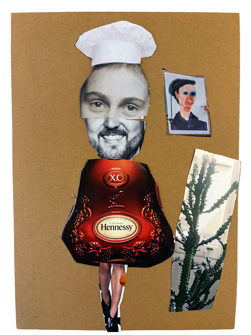 Collage featuring a chef's hat on a person with a face collage, a Hennessy bottle and two framed images of a woman's face and a cactus on a brown background.