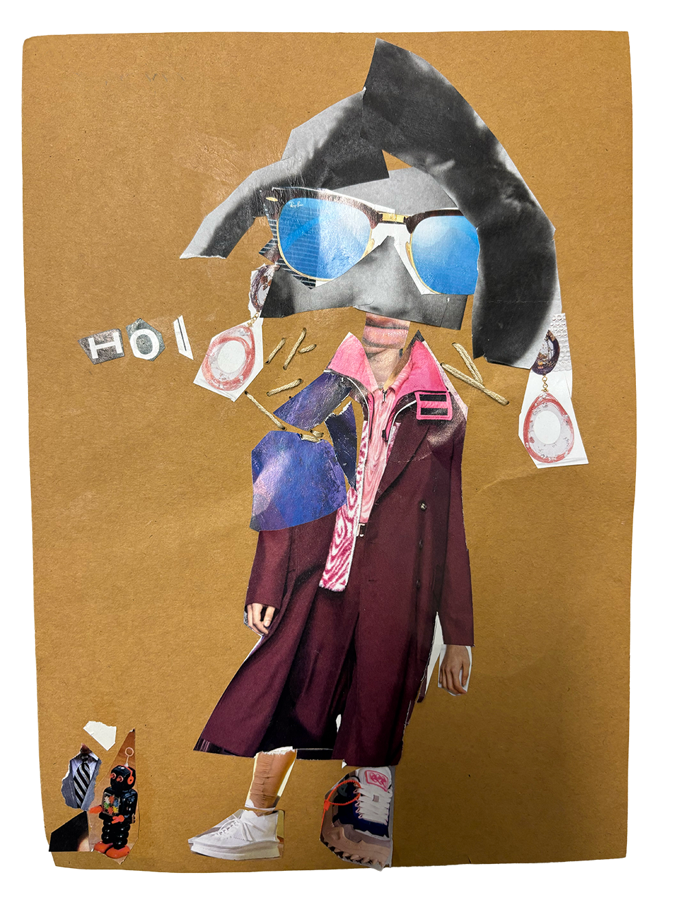 A collage of various cut-out images forming a human figure. The figure has a head with sunglasses and black hair, a pink tie, a burgundy coat, and sneakers, placed on a brown background.