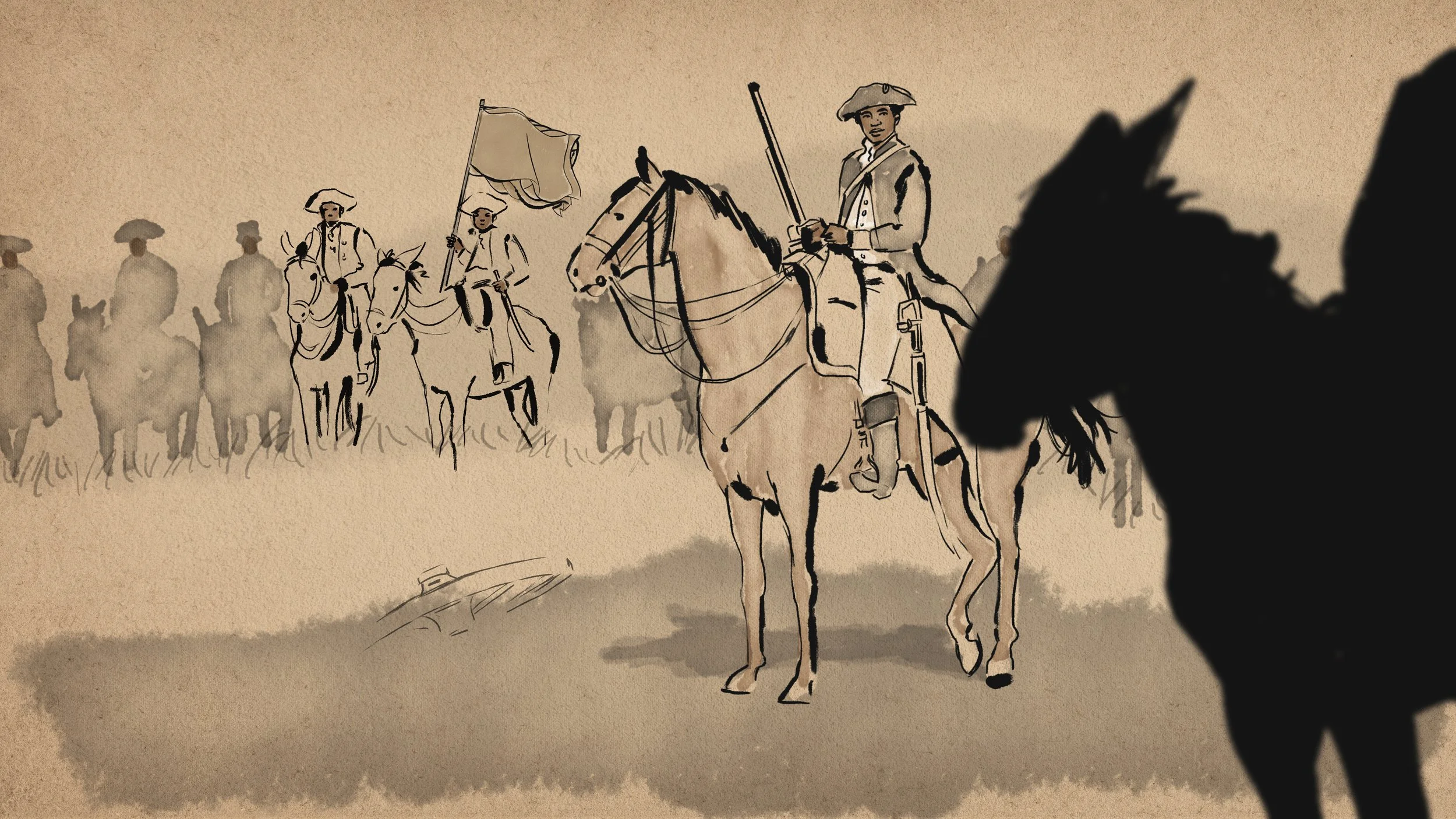 A historical scene illustration showing soldiers on horseback. Joseph de Boulogne in the foreground is on a horse, wearing a hat, and holding a rifle. Other soldiers are in the background, some holding flags, all wearing similar uniforms.
