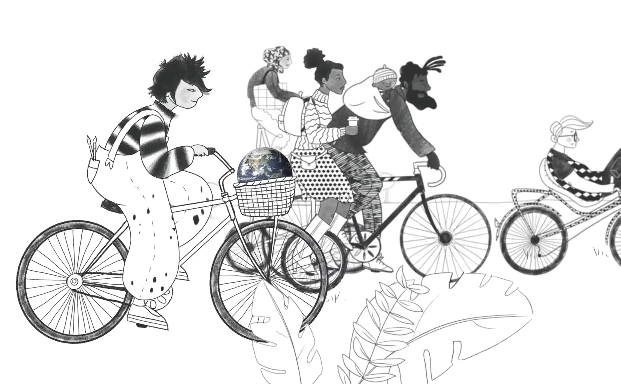 Black and white of diverse people riding bicycles outdoors, including a person with a small Earth globe in the basket, and others in casual attire with accessories.
