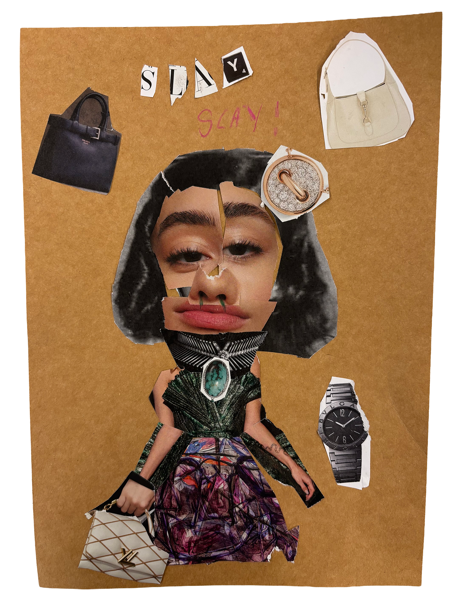 Collage of ripped magazine images depicting a woman with makeup, jewelry, clothing, and accessories, with added fake text 'SLAY' and 'SLAY!'.