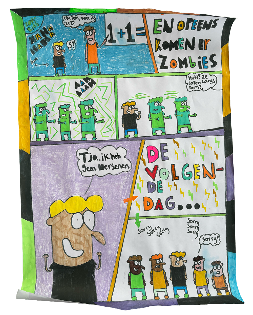 Colorful comic strip-style illustration with various characters and text in Dutch and English, depicting a humorous story involving zombies, a person being mistaken for a zombie, and a group of people apologizing.
