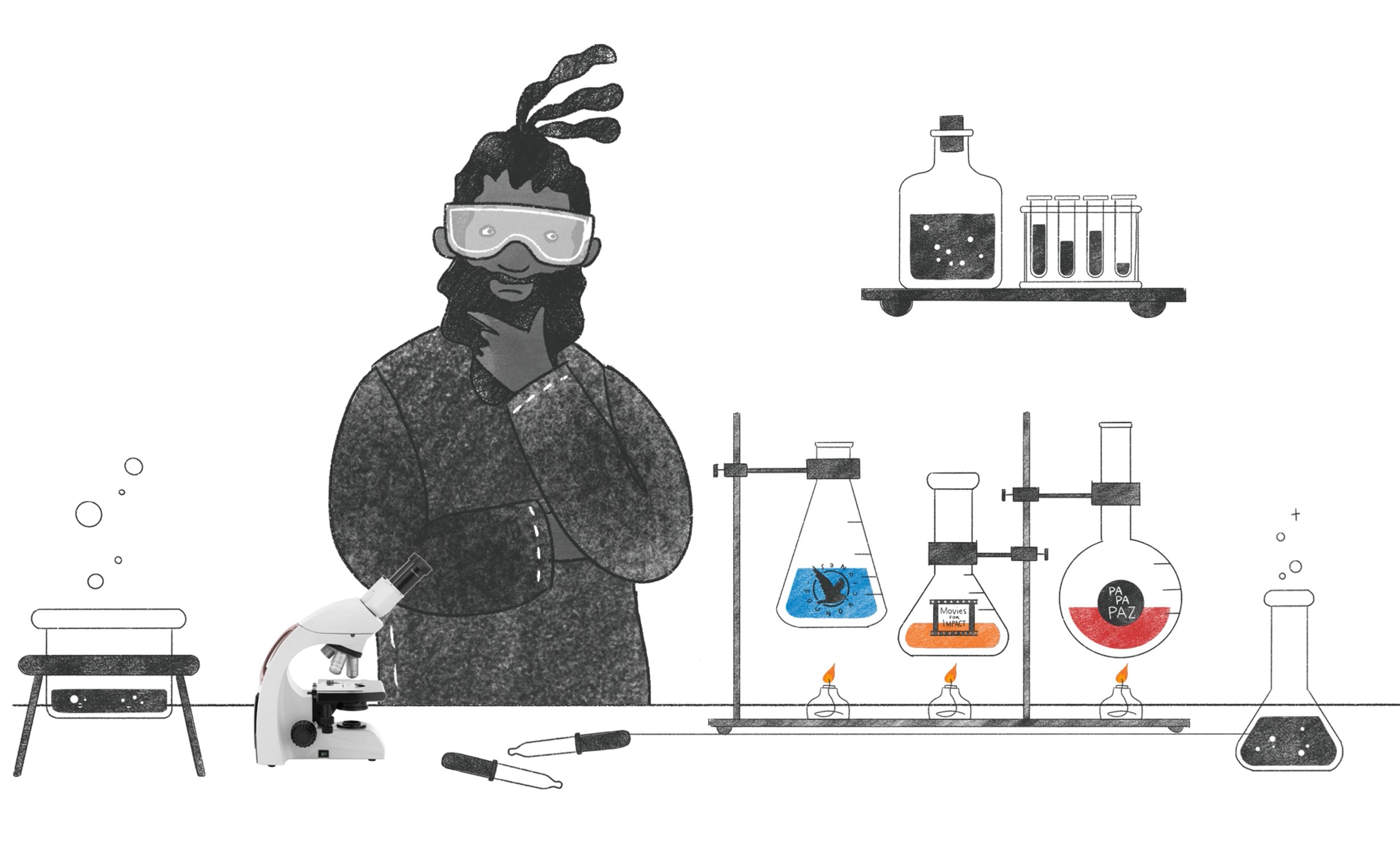 Illustration of a person with glasses observing a microscope in a science lab. The lab includes various equipment such as test tubes, flasks, a Bunsen burner, and scientific apparatus.