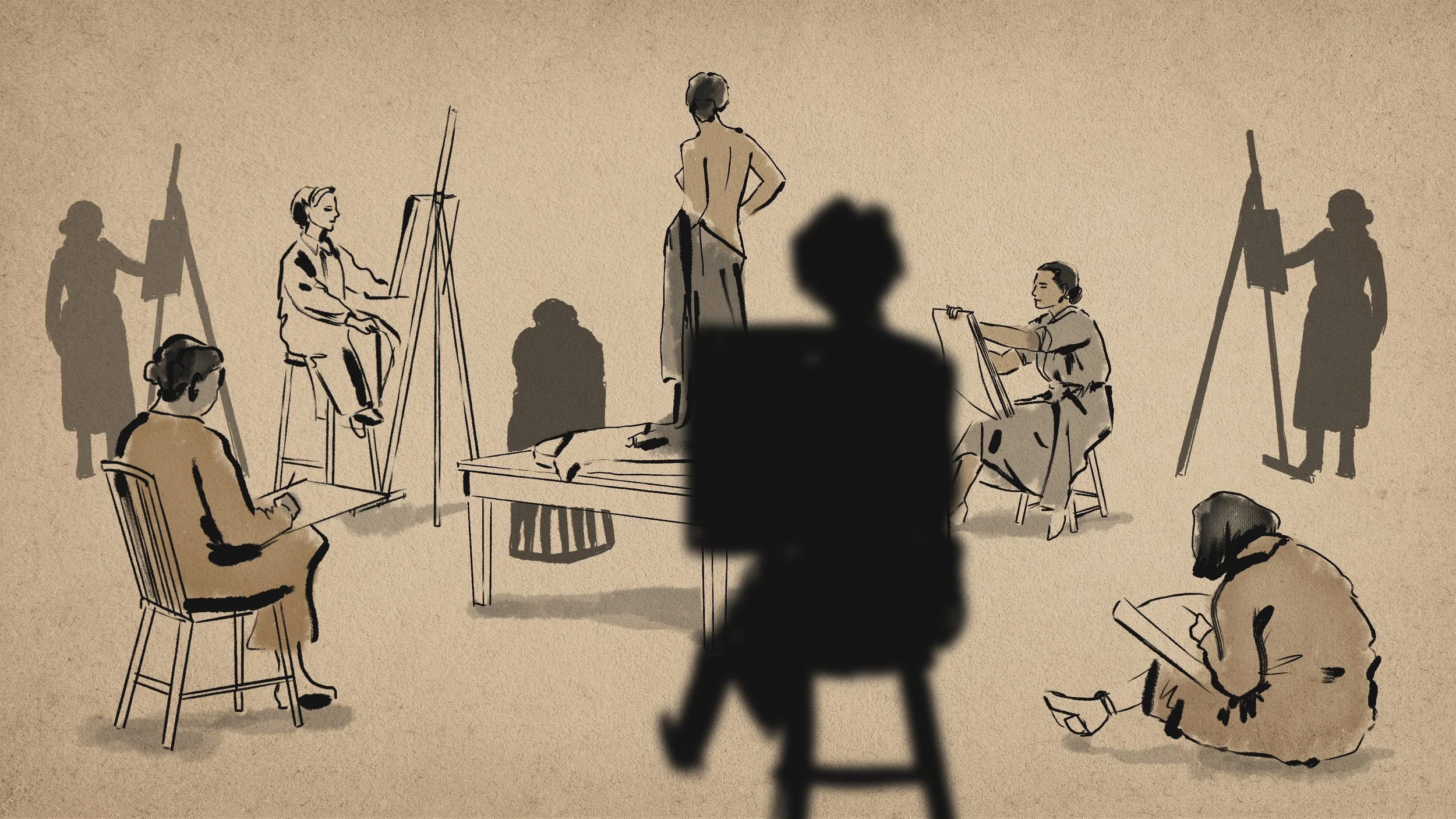 A line drawing and watercolor of a life drawing class with students sketching a nude model in the center, accompanied by shadow silhouettes of additional students and instructors working at easels.