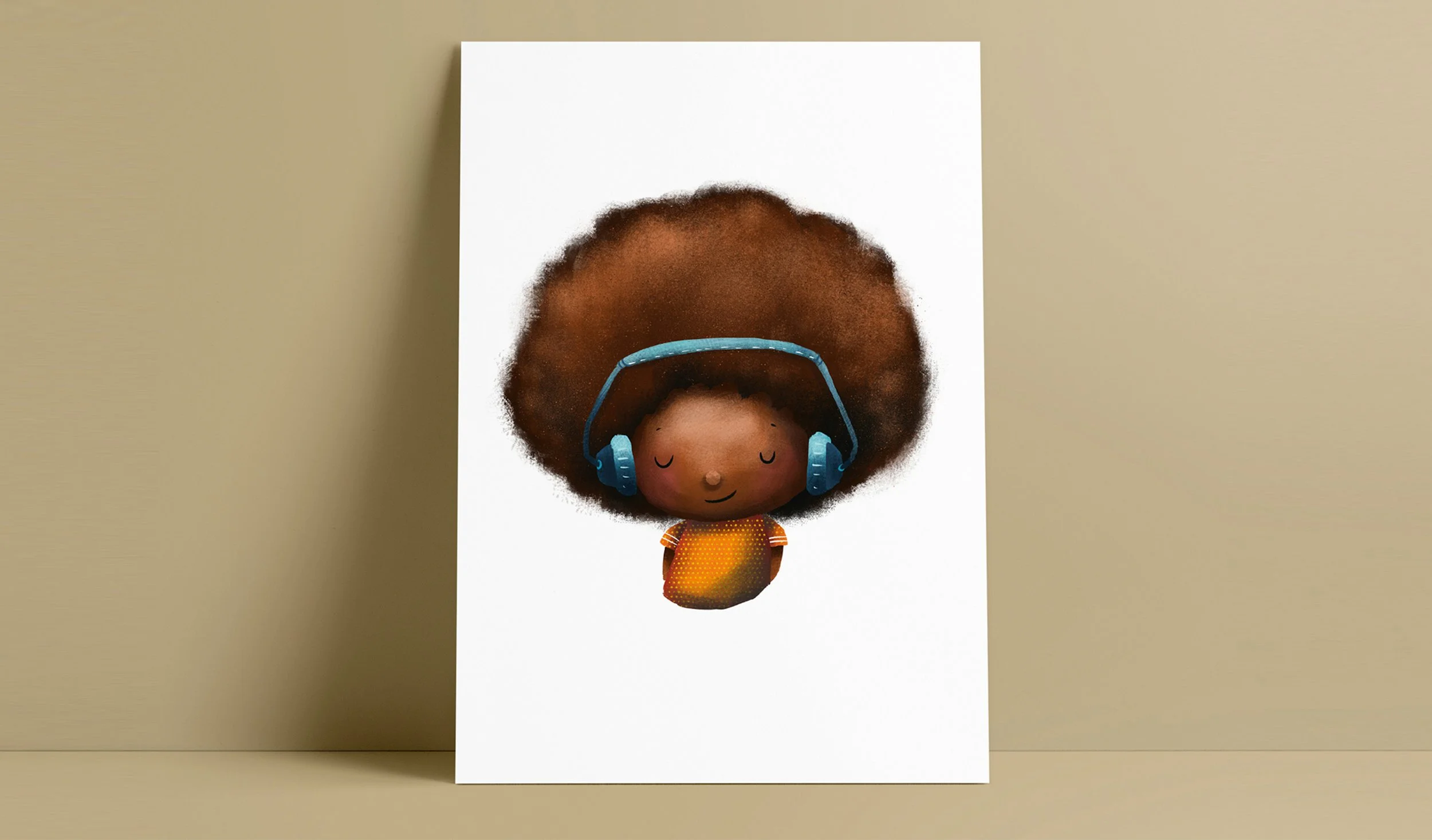 A fine art giclee print of a girl with large curly hair wearing blue headphones and a yellow dress with orange polka dots, smiling with closed eyes.