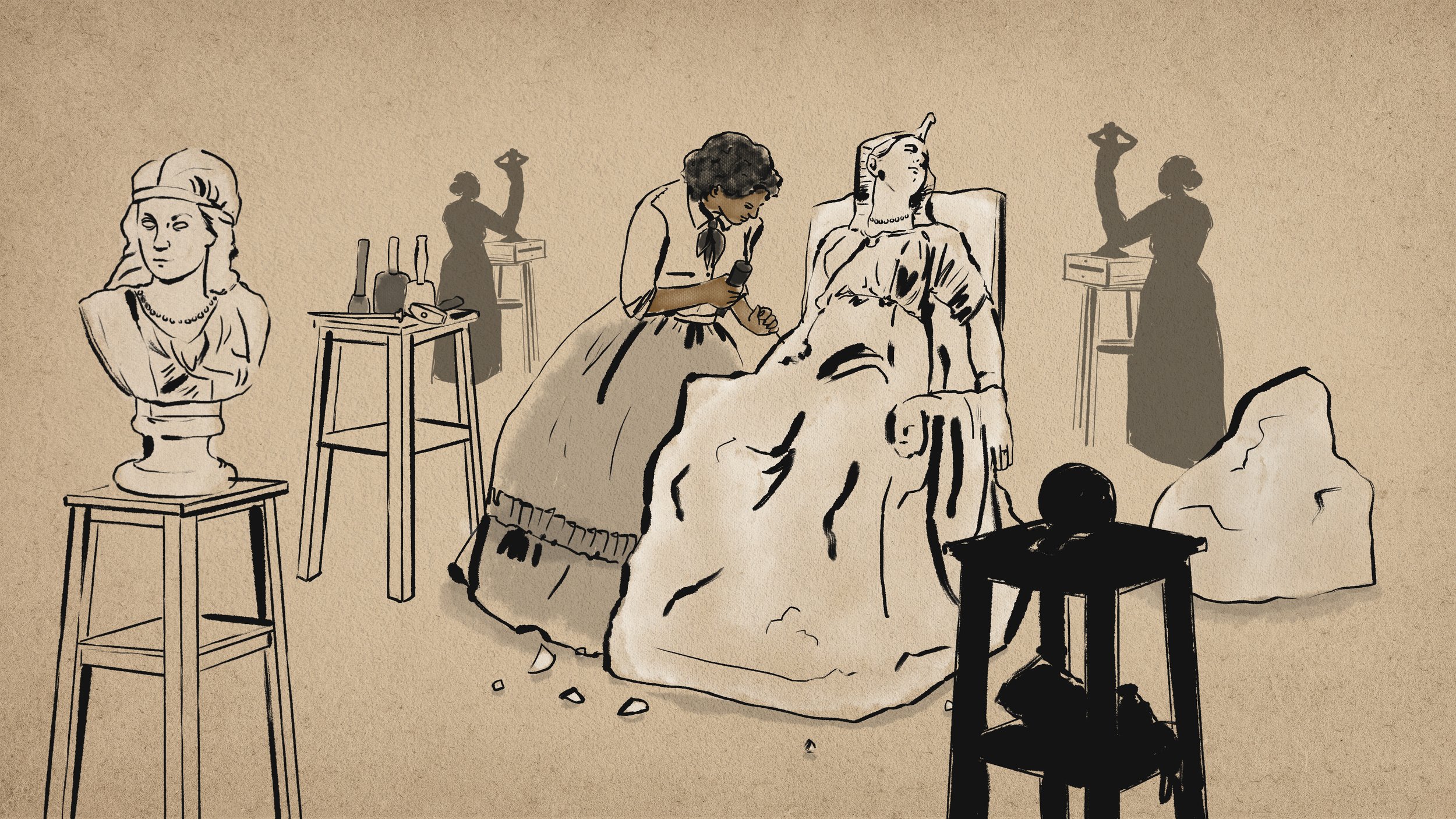 A line drawing and watercolor of Edmonia Lewis sculpting, surrounded by sculpture busts and shadowy figures in the background.
