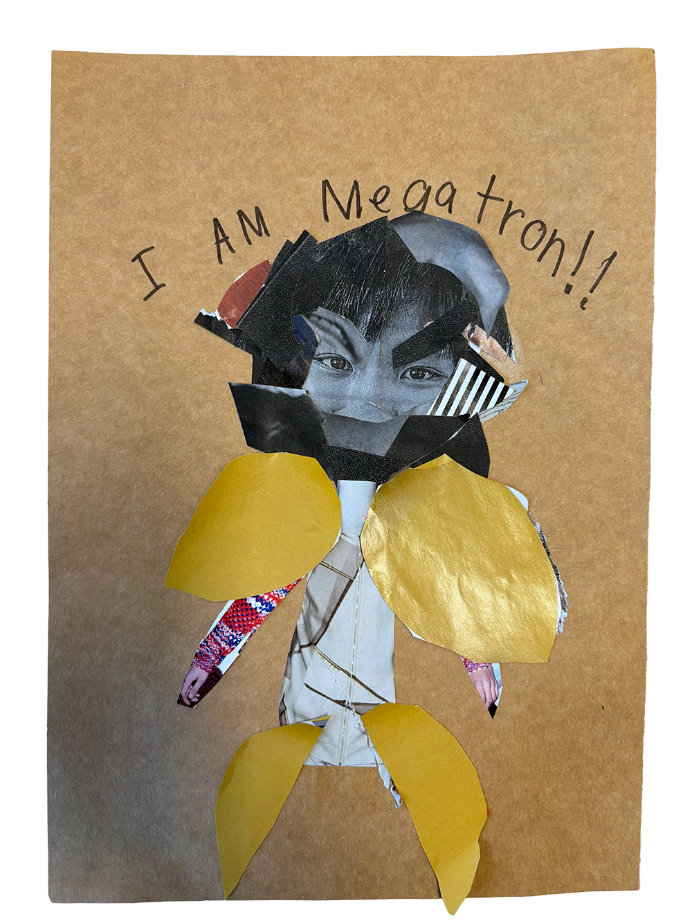 Collage of cut-out magazine images forming a character with a boy's face and yellow paper wings, with the text "I AM Mega tron!!" handwritten above.