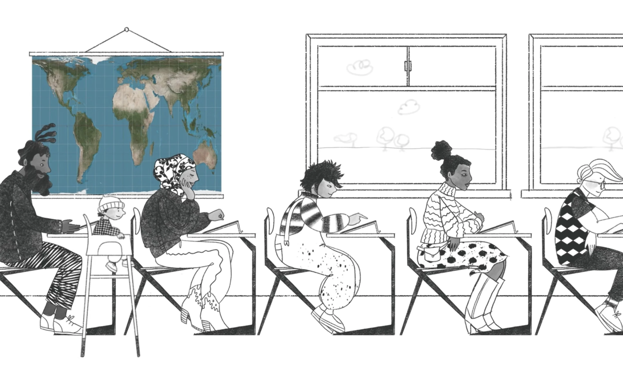 Illustration of a classroom scene featuring students sitting at desks in front of windows, with a world map hanging on the wall.
