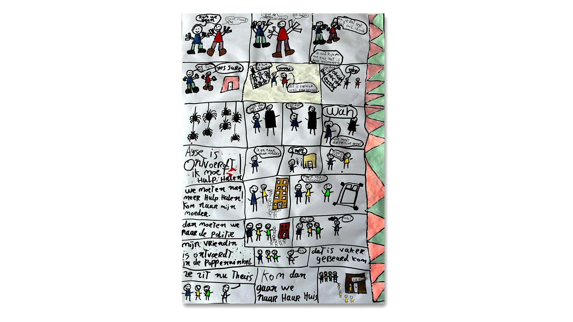 A hand-drawn comic strip with colorful illustrations and speech bubbles in Dutch. The comic depicts a story involving children, spiders, and adults, with scenes happening both indoors and outdoors, and includes handwritten Dutch text describing the story.