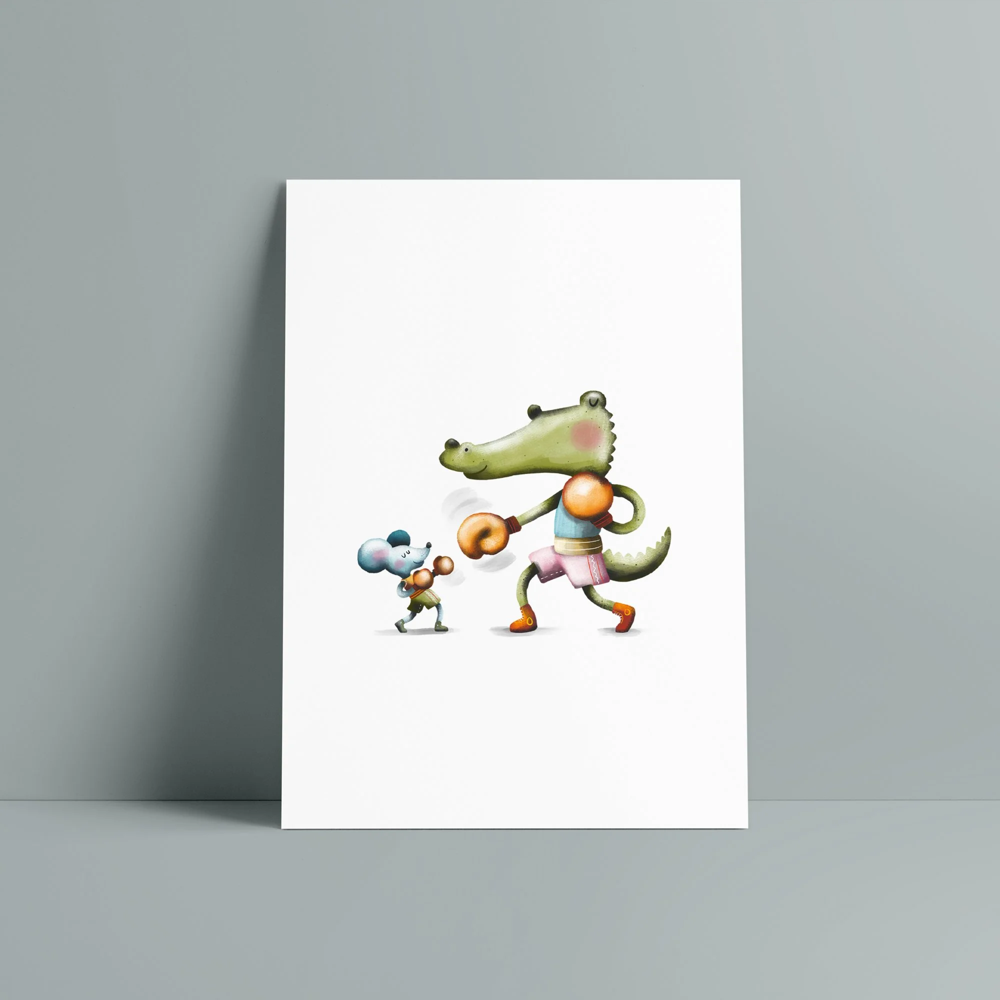 A fine art giclee print featuring a playful cartoon crocodile with pink cheeks, wearing red and white sneakers, standing on its hind legs, with smaller cartoon animals nearby, set against a plain white background.