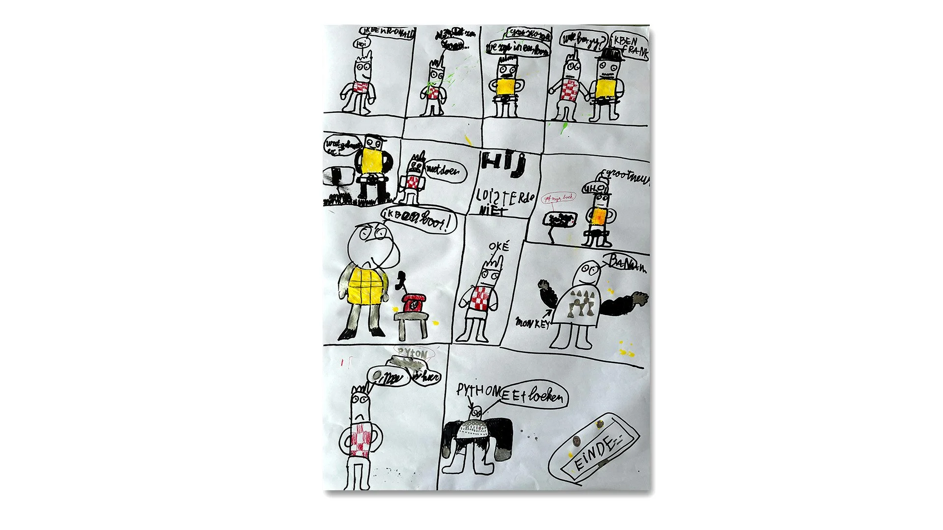 A hand-drawn comic strip featuring cartoon characters with speech bubbles, colorful outfits, and various expressions. The comic includes scenes with characters holding phones, talking about Python, and other humorous situations.